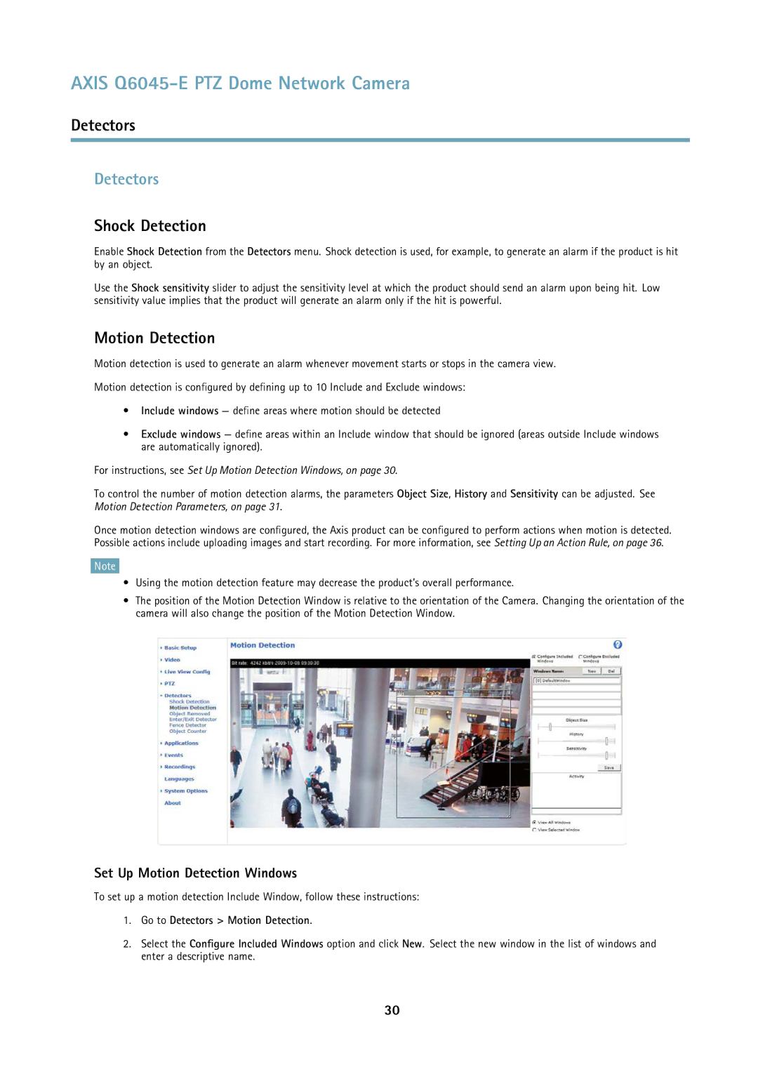 Axis Communications Q6045-E user manual Detectors, Shock Detection, Set Up Motion Detection Windows 