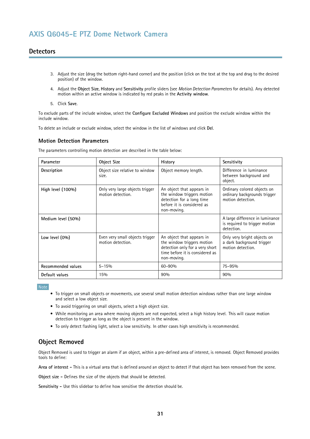 Axis Communications Q6045-E user manual Object Removed, Motion Detection Parameters 