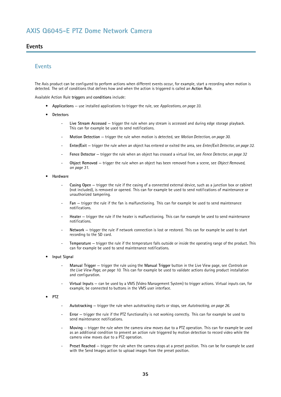 Axis Communications Q6045-E user manual Events, Detectors, Hardware, Input Signal 