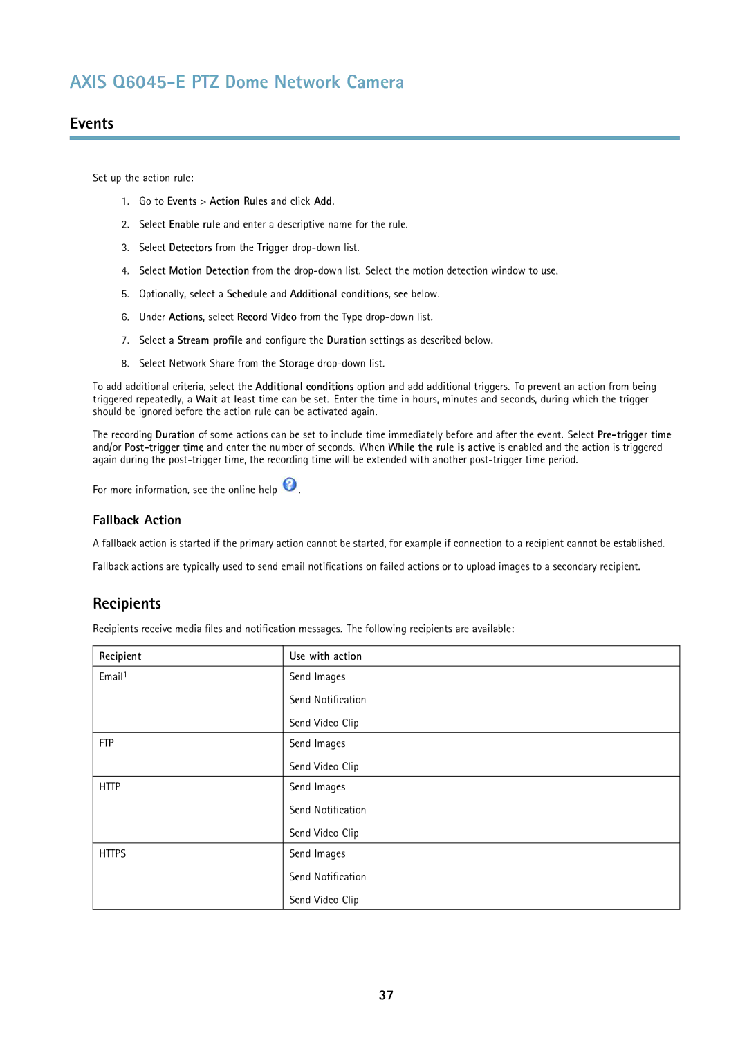 Axis Communications Q6045-E Recipients, Fallback Action, Go to Events Action Rules and click Add, Use with action 