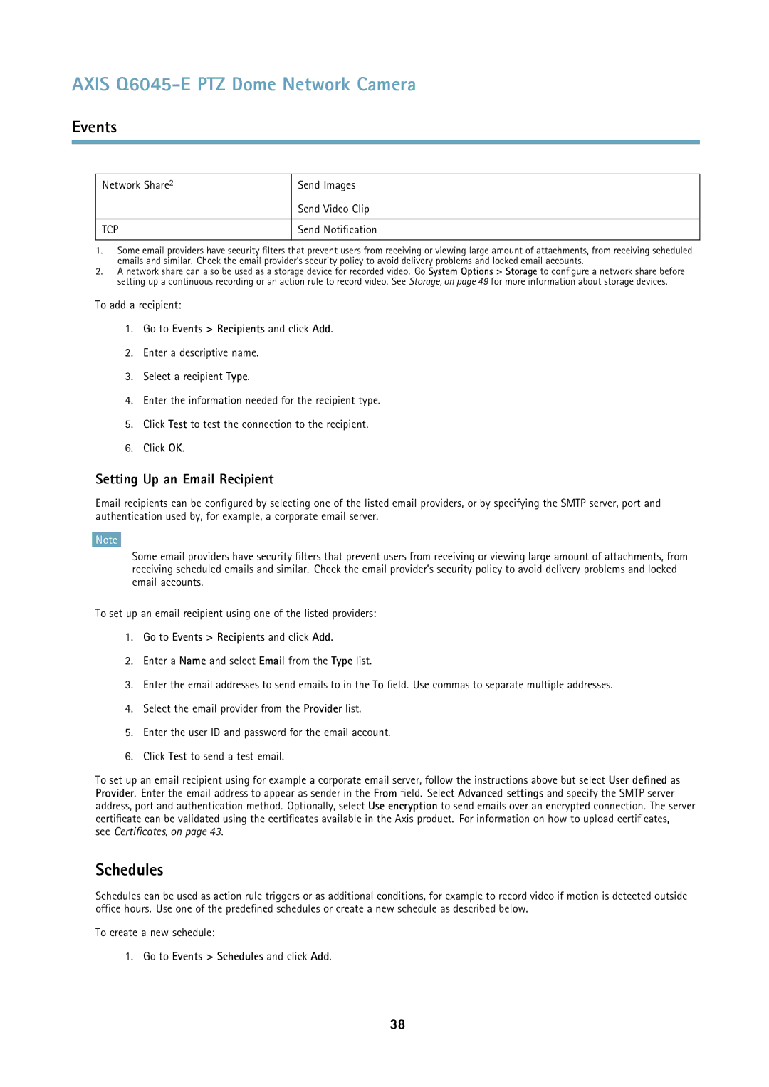 Axis Communications Q6045-E user manual Schedules, Setting Up an Email Recipient, Go to Events Recipients and click Add 