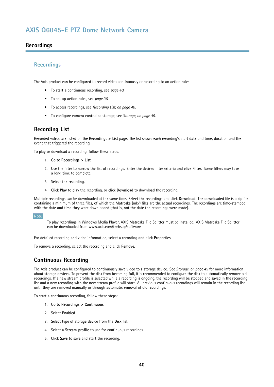 Axis Communications Q6045-E user manual Recordings, Recording List, Continuous Recording 