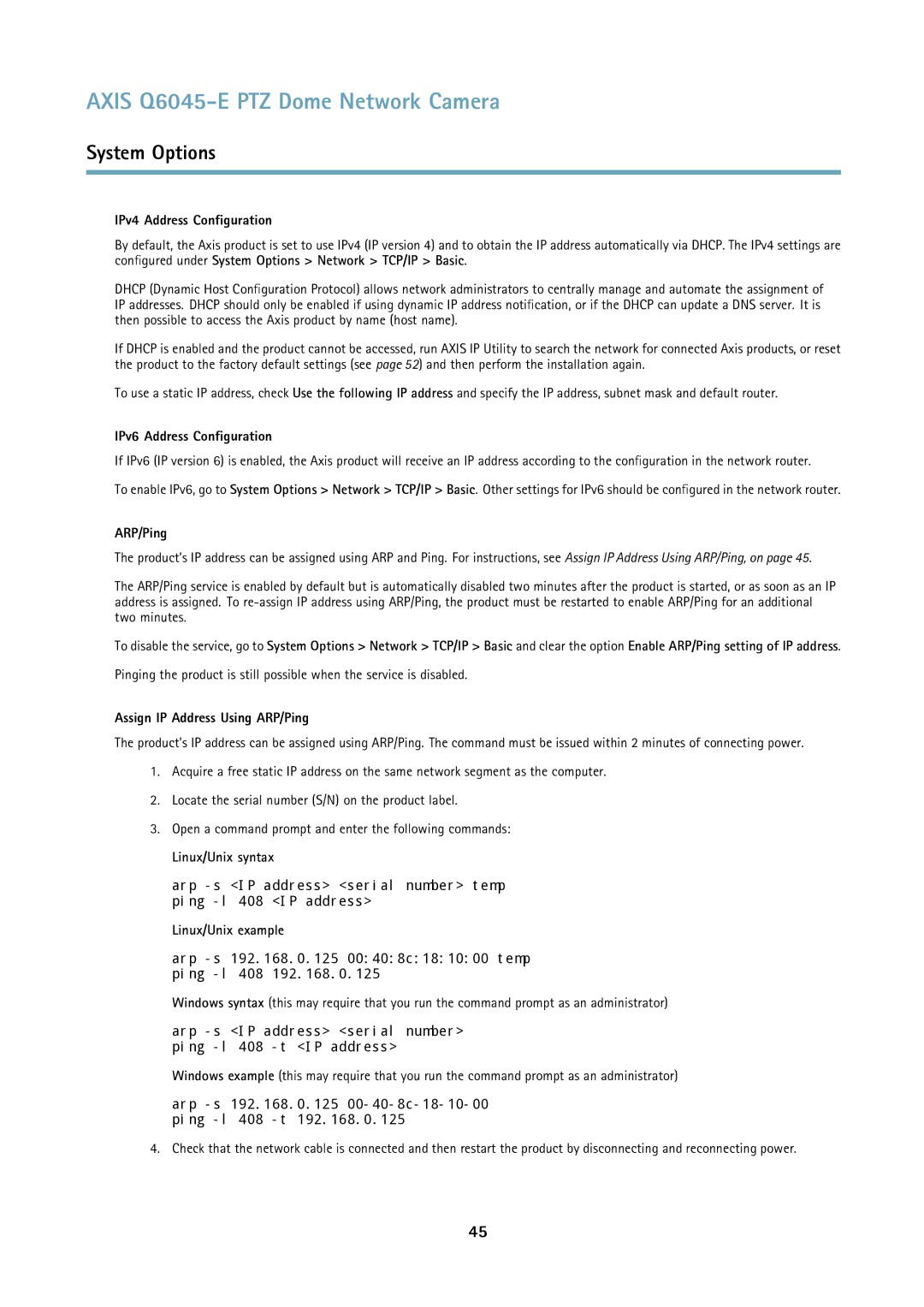 Axis Communications Q6045-E user manual IPv4 Address Configuration, IPv6 Address Configuration, ARP/Ping, Linux/Unix syntax 