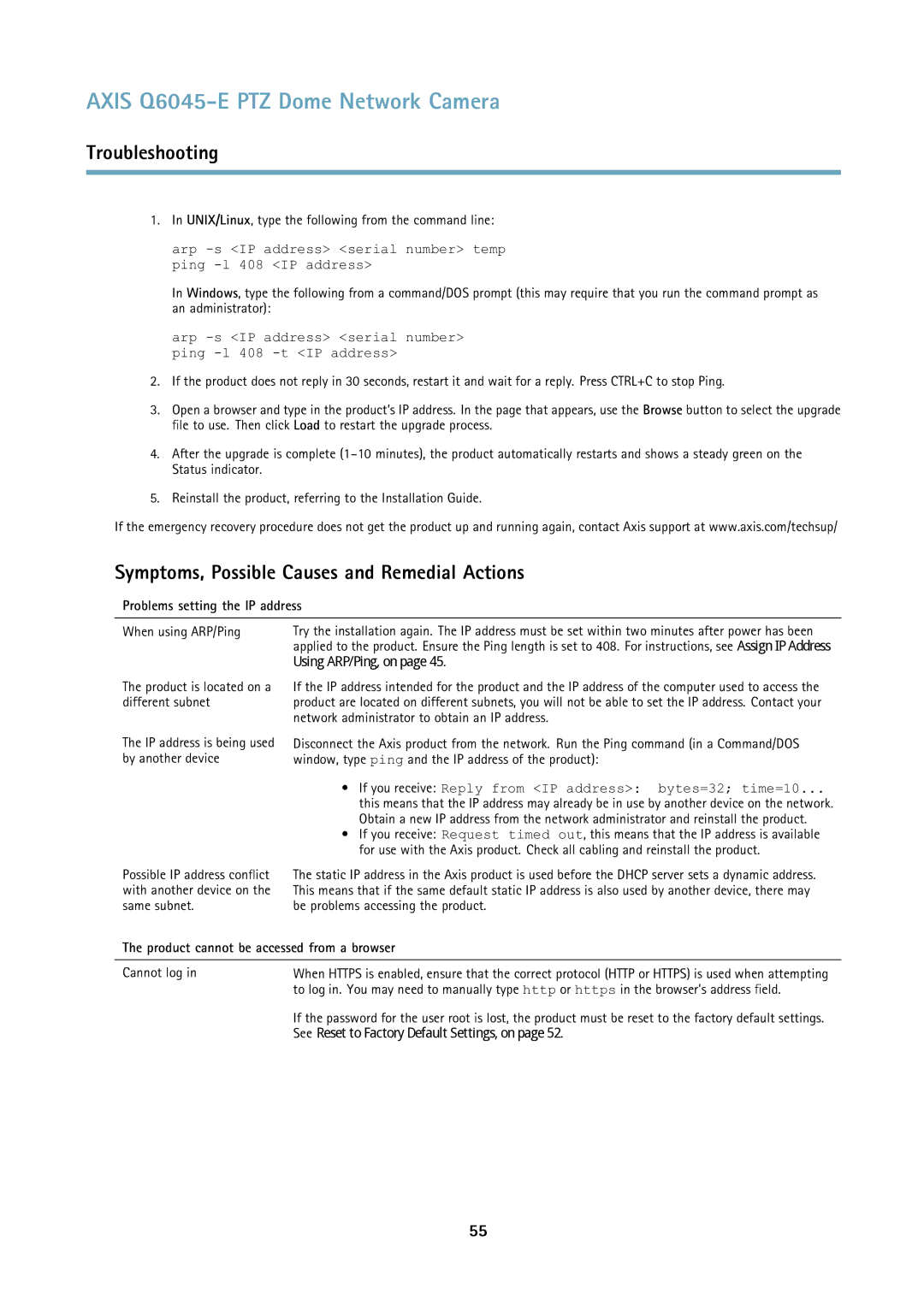 Axis Communications Q6045-E user manual Symptoms, Possible Causes and Remedial Actions, Problems setting the IP address 