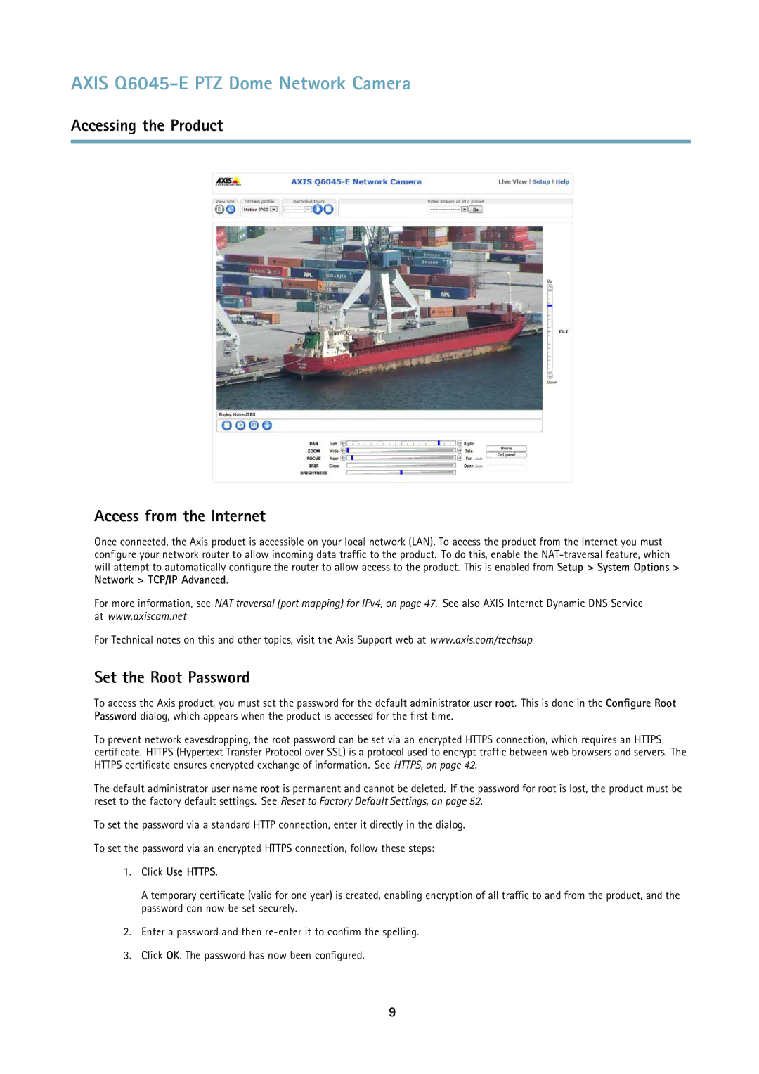 Axis Communications Q6045-E Accessing the Product Access from the Internet, Set the Root Password, Network TCP/IP Advanced 
