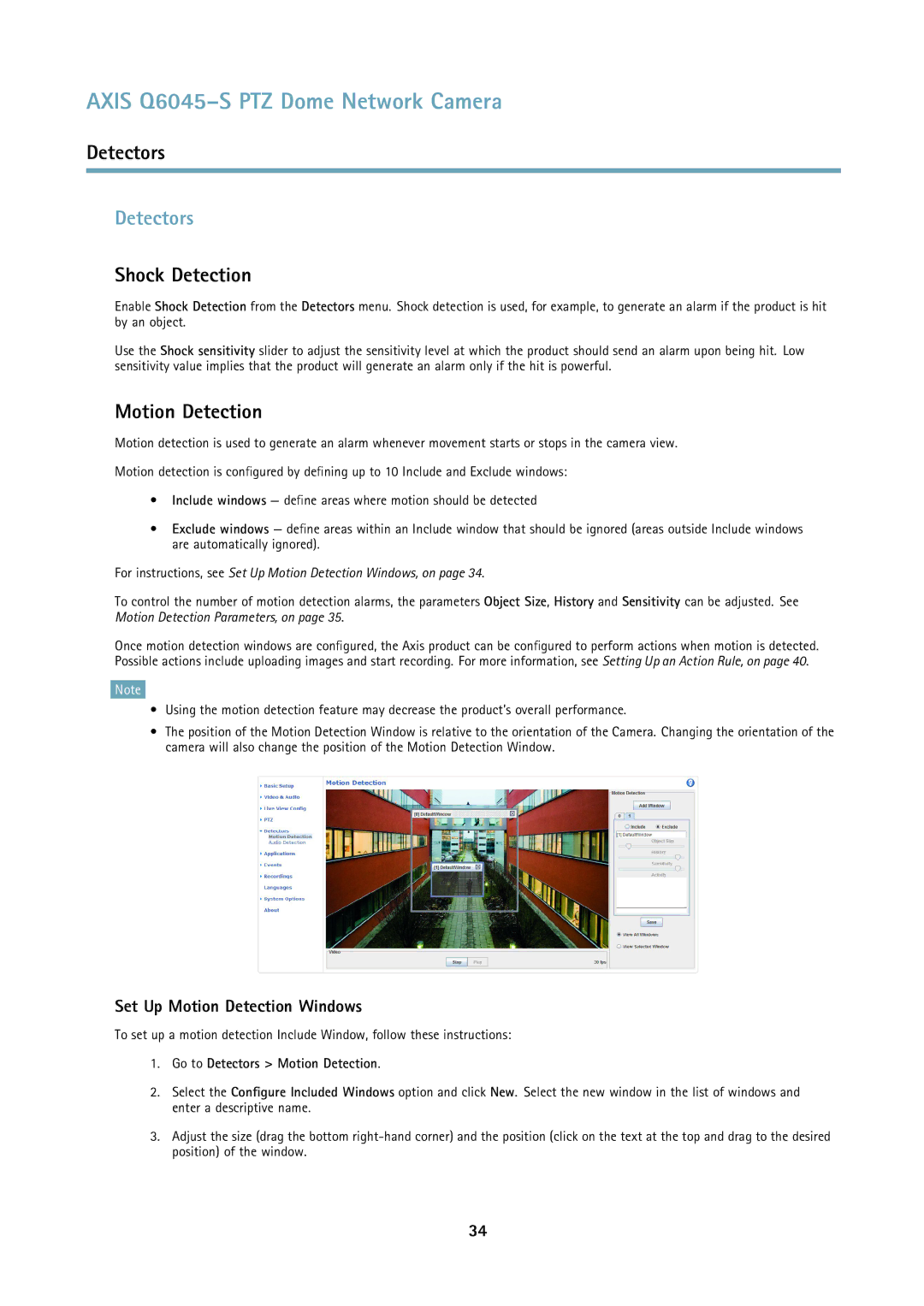 Axis Communications Q6045S user manual Detectors, Shock Detection, Set Up Motion Detection Windows 