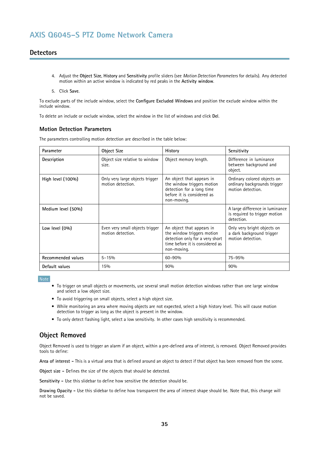 Axis Communications Q6045S user manual Object Removed, Motion Detection Parameters 