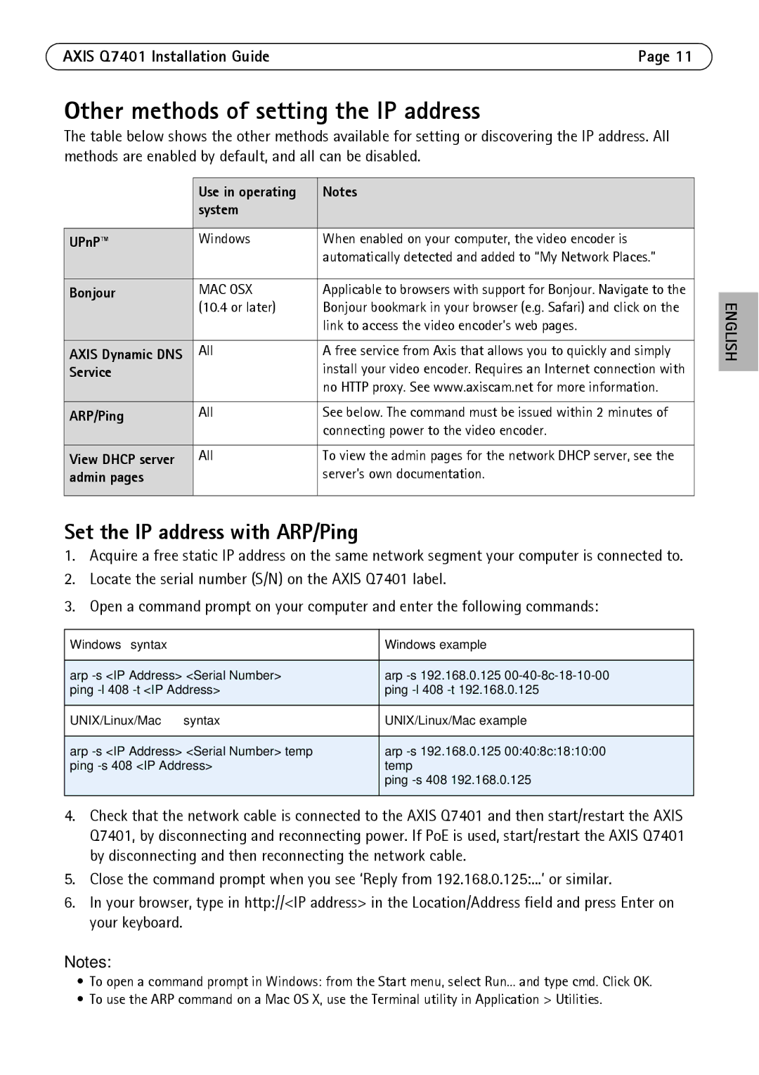 Axis Communications Q7401 manual Other methods of setting the IP address, Set the IP address with ARP/Ping 