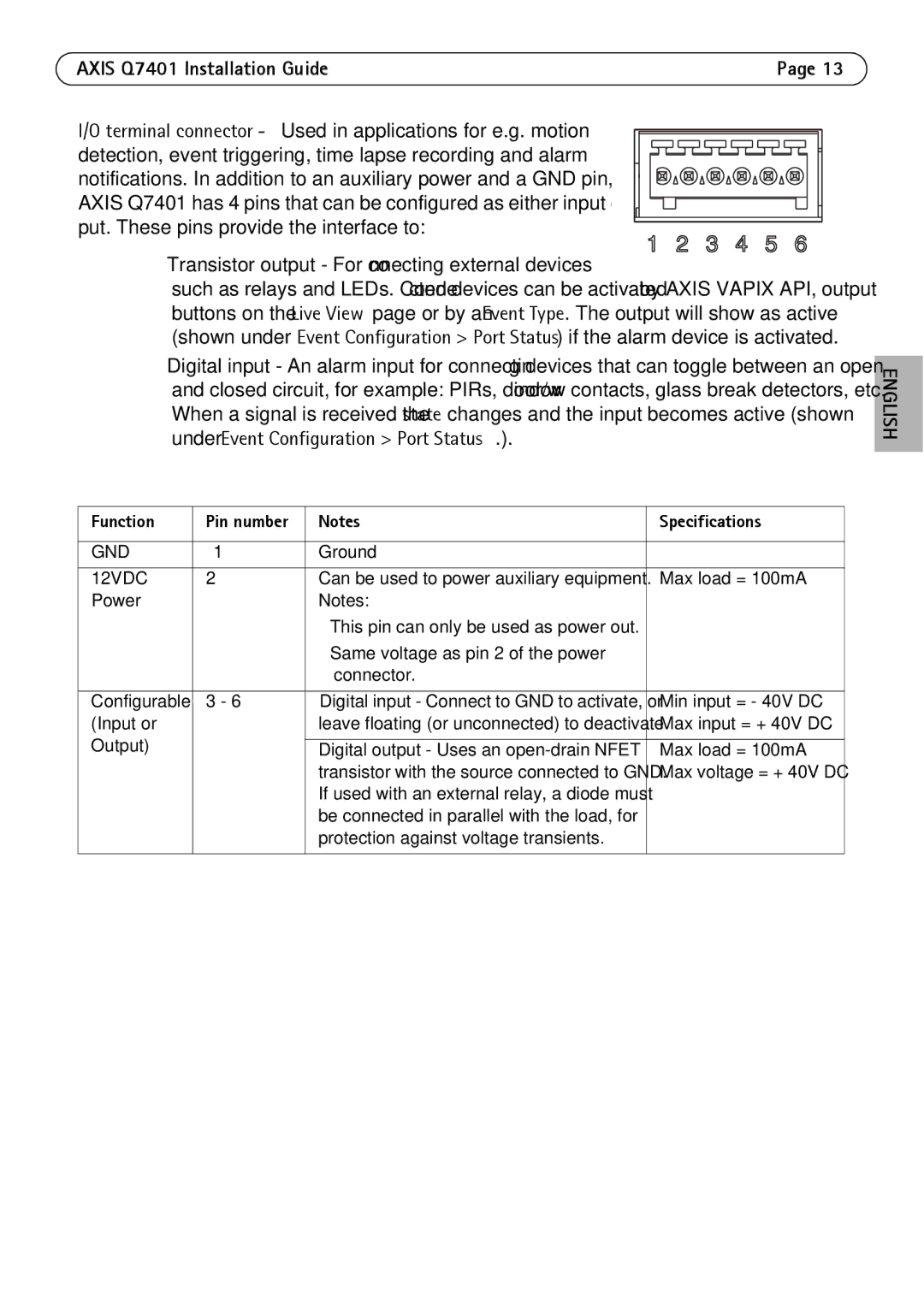 Axis Communications Q7401 manual Transistor output For connecting external devices, Specifications 