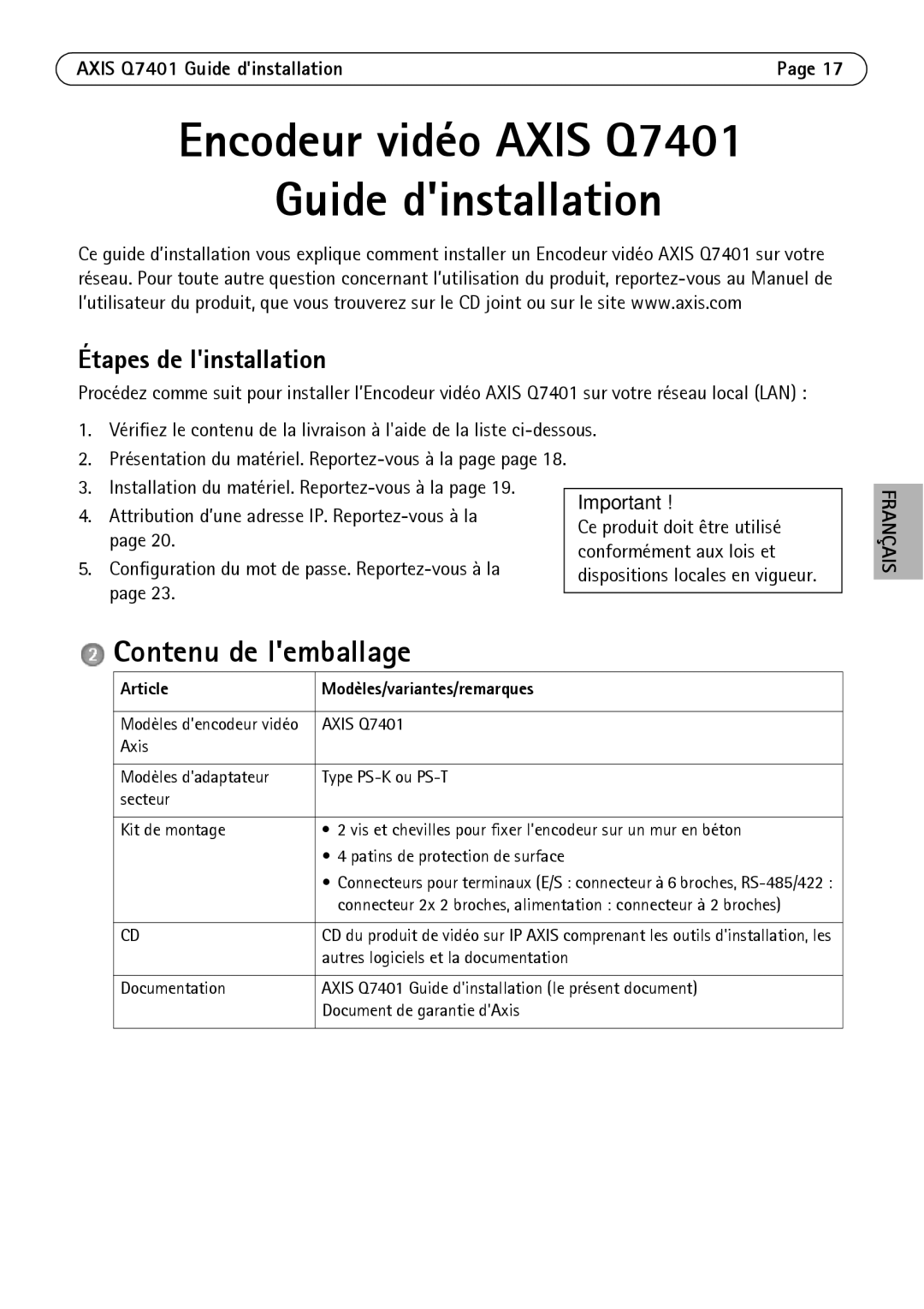 Axis Communications Q7401 manual Contenu de lemballage, Étapes de linstallation, Article Modèles/variantes/remarques 