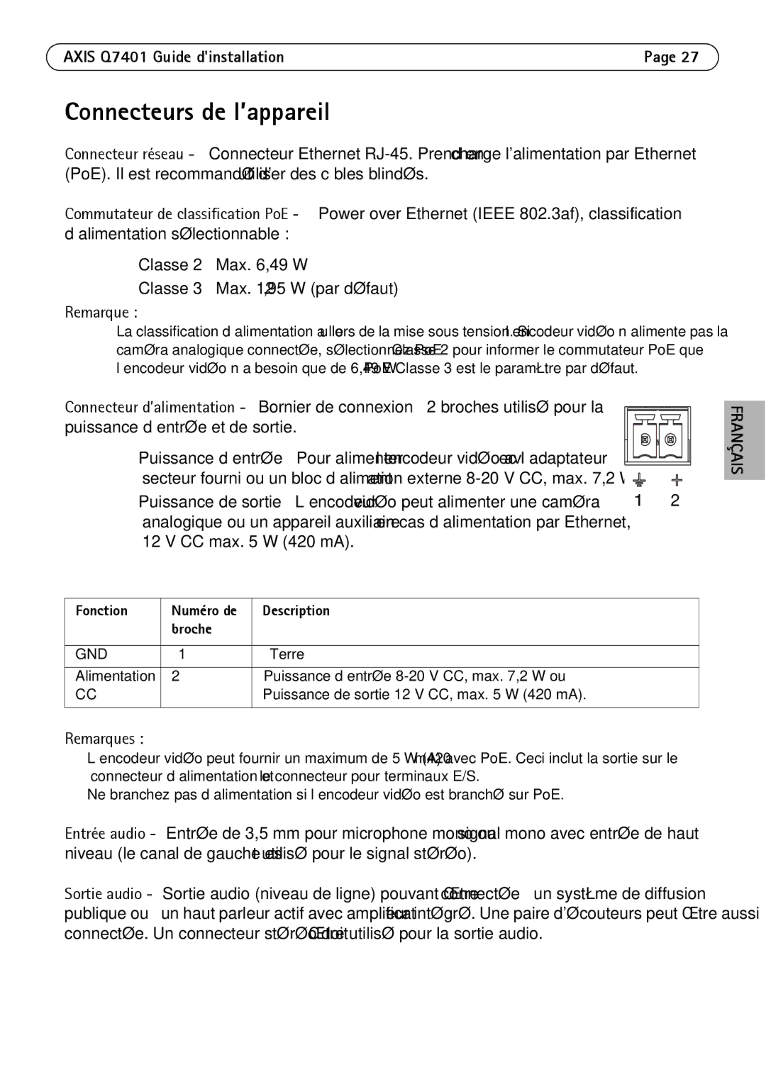 Axis Communications Q7401 manual Connecteurs de l’appareil, Fonction, Description Broche 