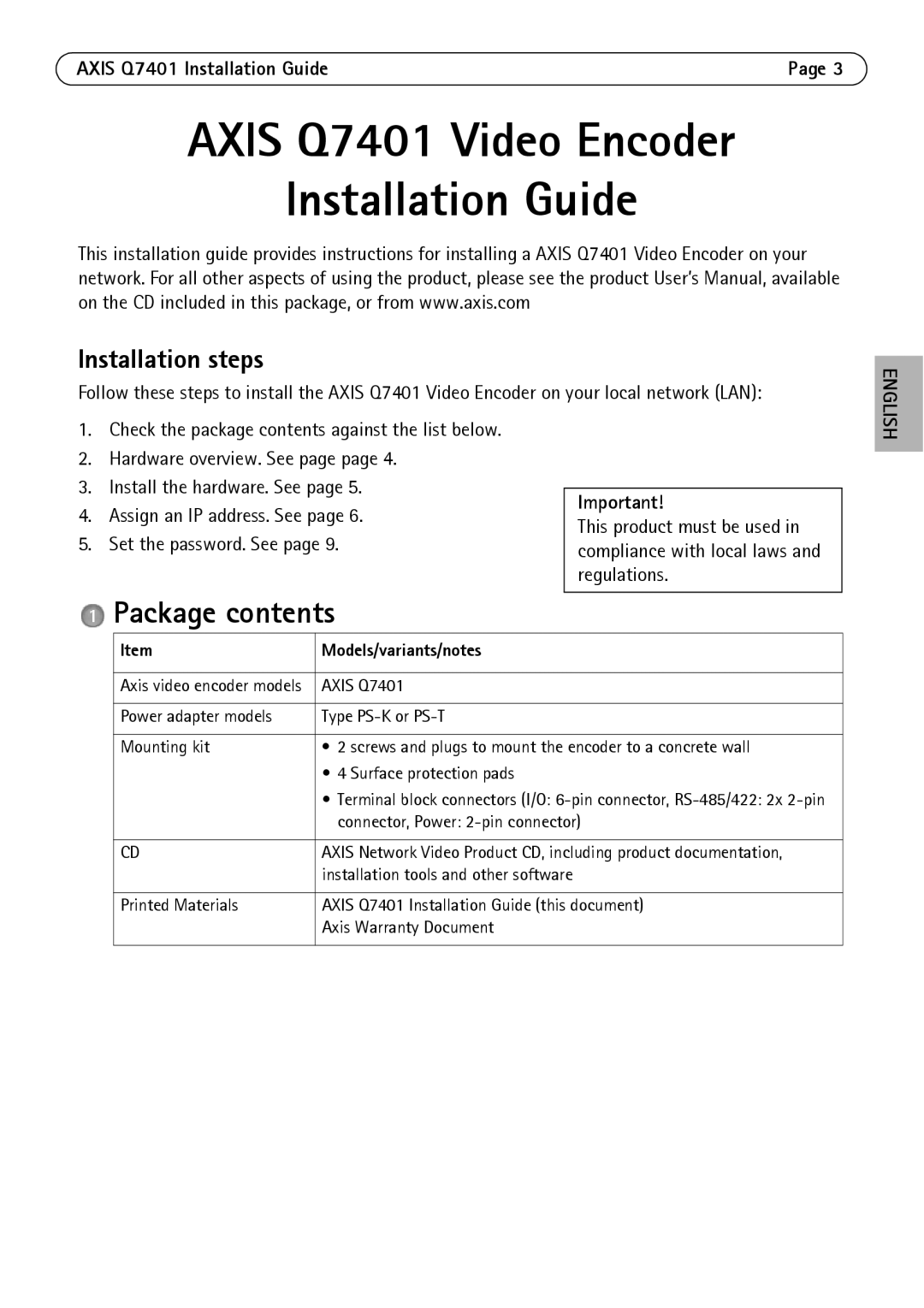 Axis Communications manual Axis Q7401 Video Encoder Installation Guide, Package contents 