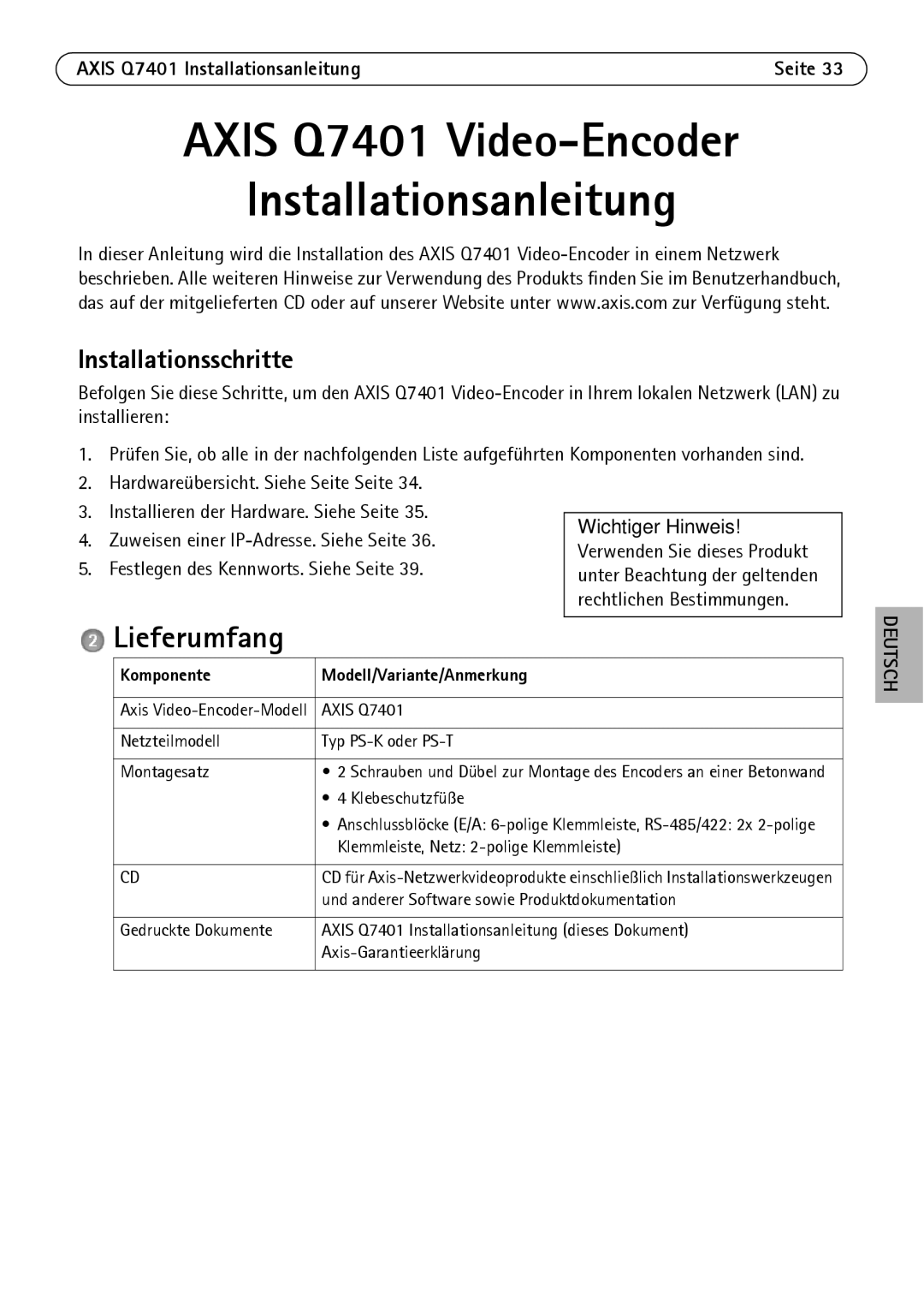 Axis Communications Q7401 manual Lieferumfang, Installationsschritte, Komponente Modell/Variante/Anmerkung 