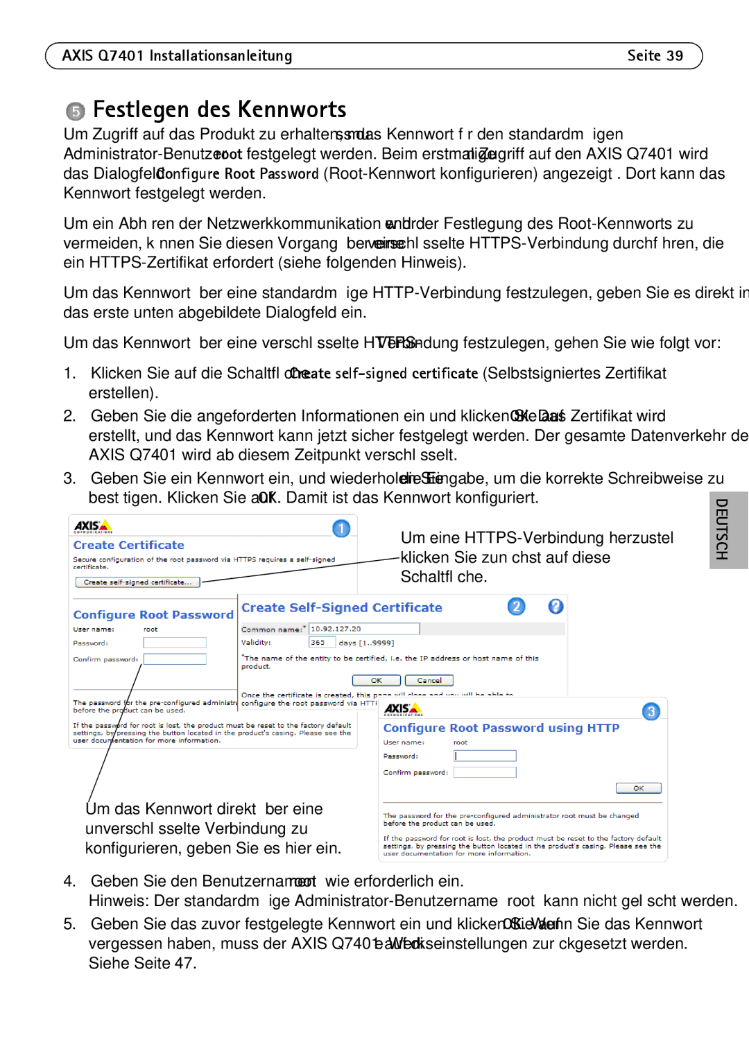 Axis Communications Q7401 manual Festlegen des Kennworts 