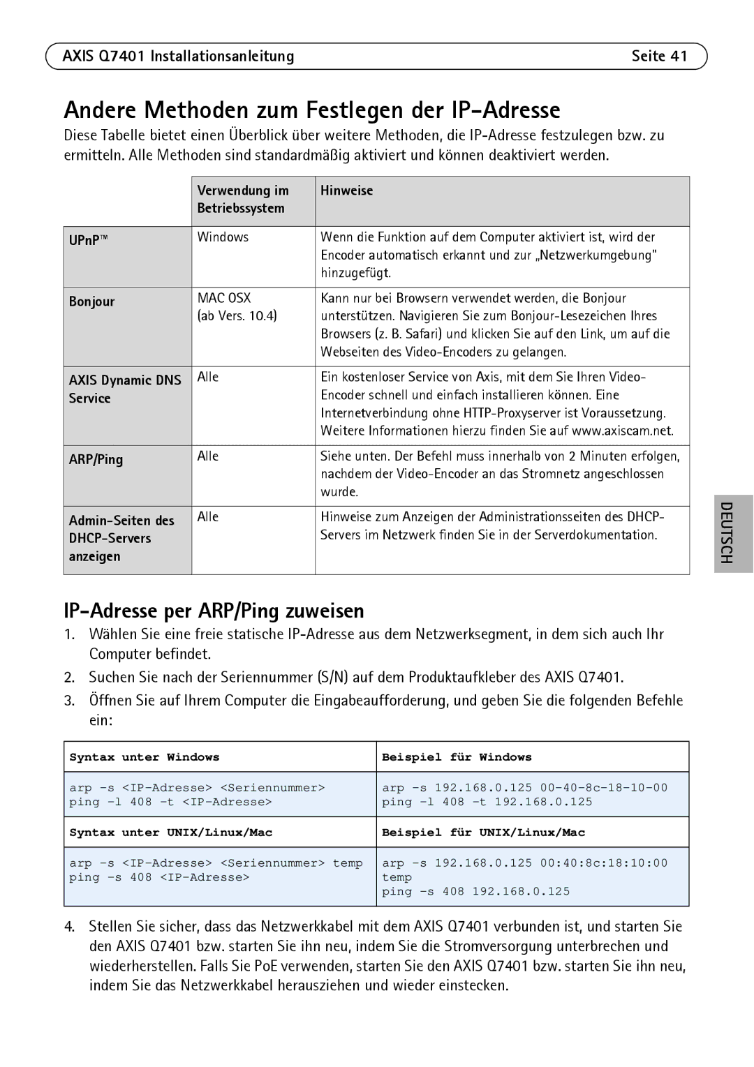 Axis Communications Q7401 manual Andere Methoden zum Festlegen der IP-Adresse, IP-Adresse per ARP/Ping zuweisen, Hinweise 