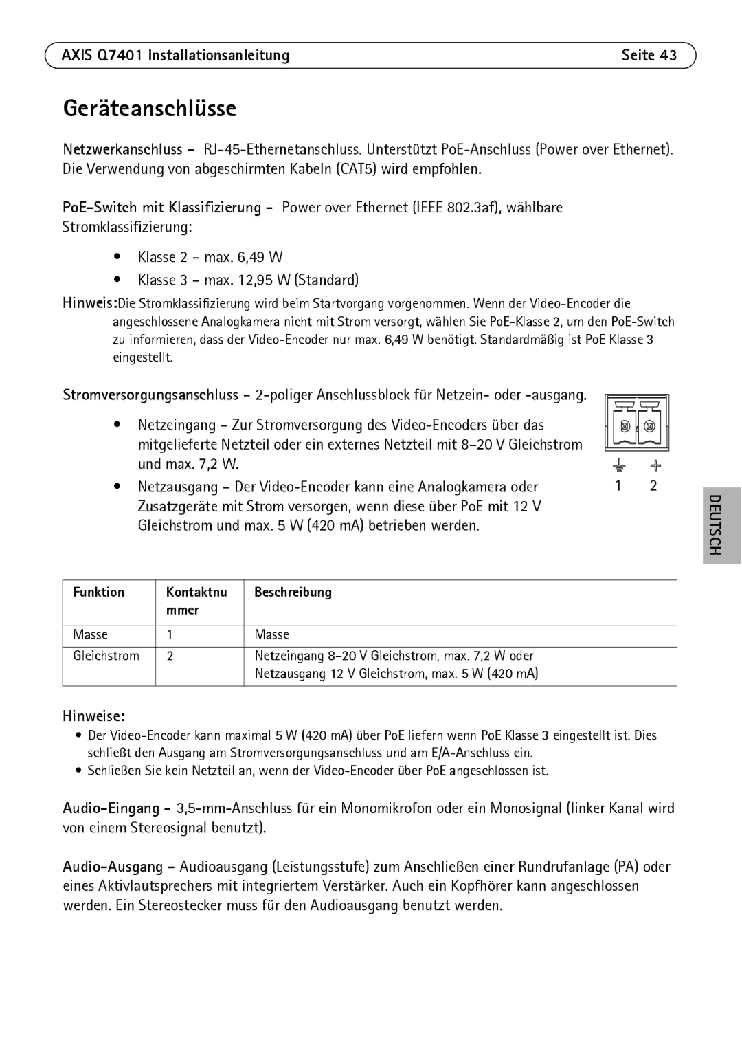 Axis Communications Q7401 manual Geräteanschlüsse, Funktion Kontaktnu Beschreibung Mmer 