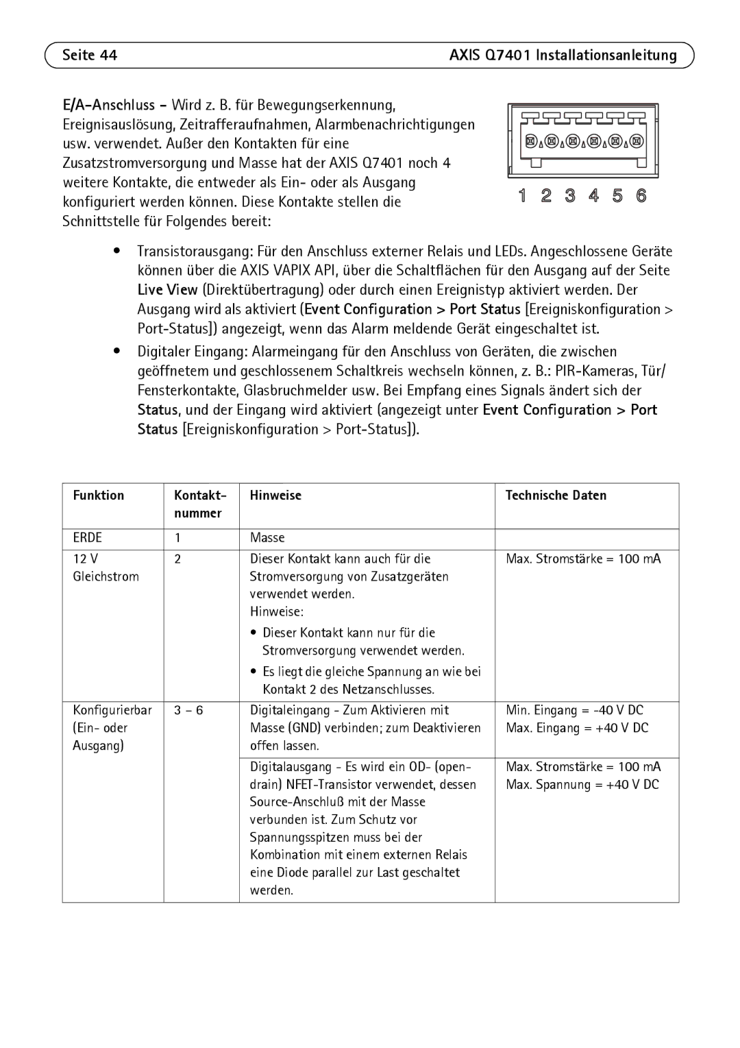 Axis Communications Q7401 manual Funktion Kontakt Hinweise Technische Daten Nummer, Erde 