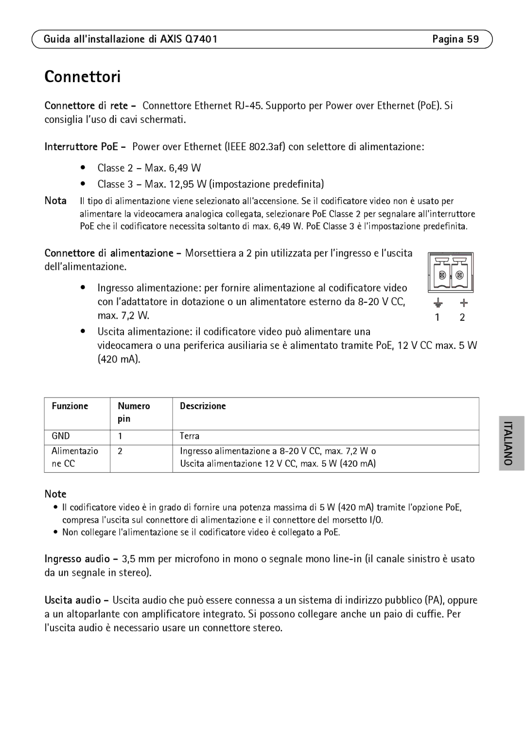 Axis Communications Q7401 manual Connettori, Funzione Numero Descrizione Pin 