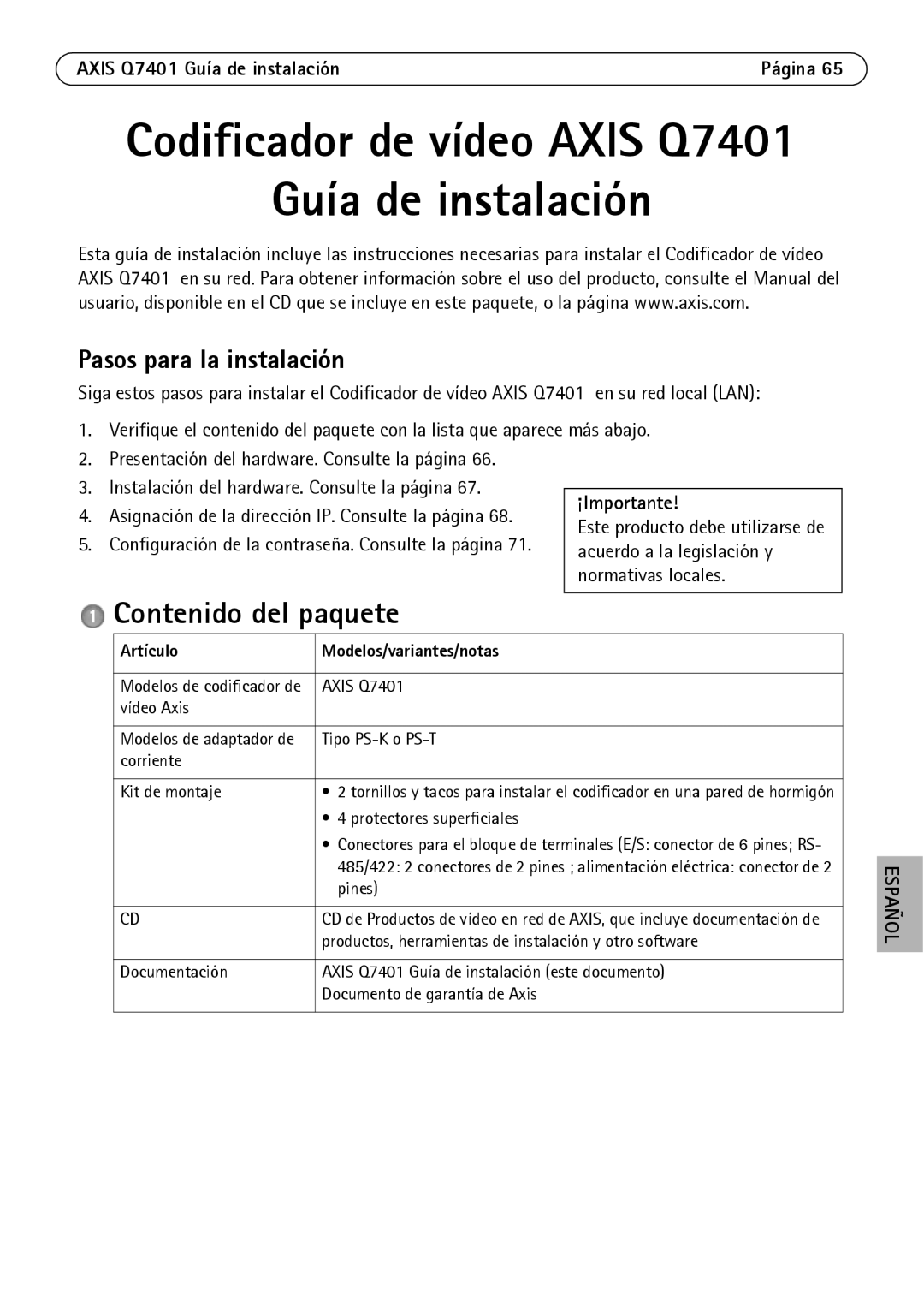 Axis Communications Q7401 manual Contenido del paquete, Pasos para la instalación, Artículo Modelos/variantes/notas 