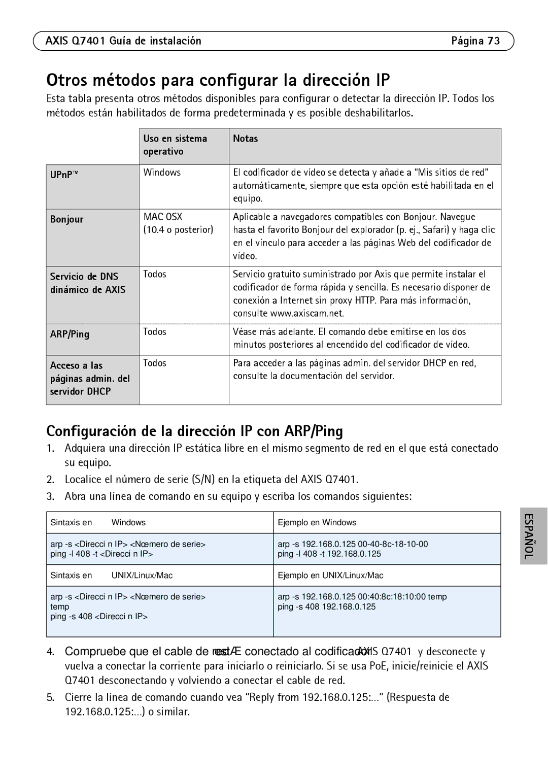 Axis Communications Q7401 Otros métodos para configurar la dirección IP, Configuración de la dirección IP con ARP/Ping 