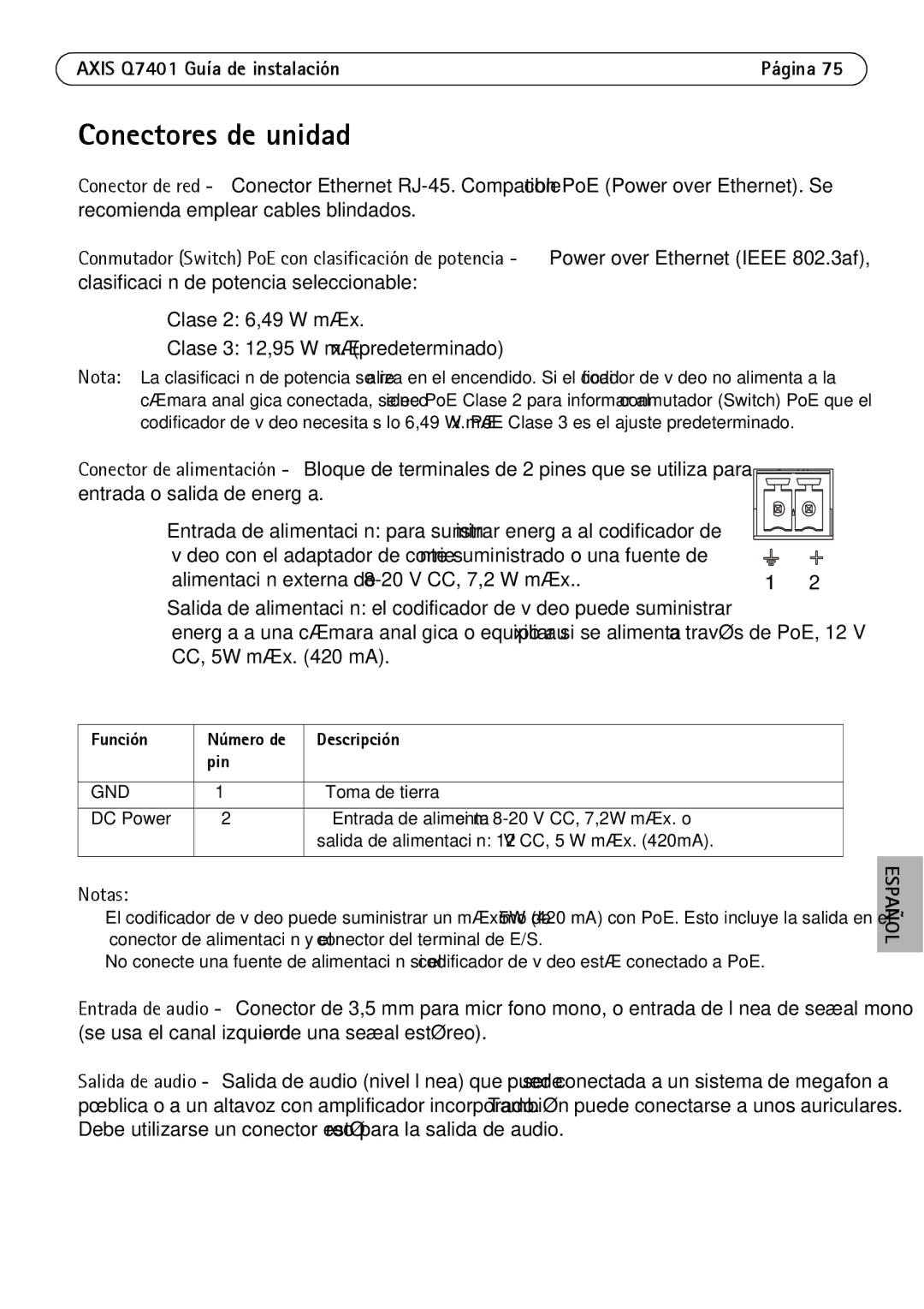 Axis Communications Q7401 manual Conectores de unidad, Función, Descripción 