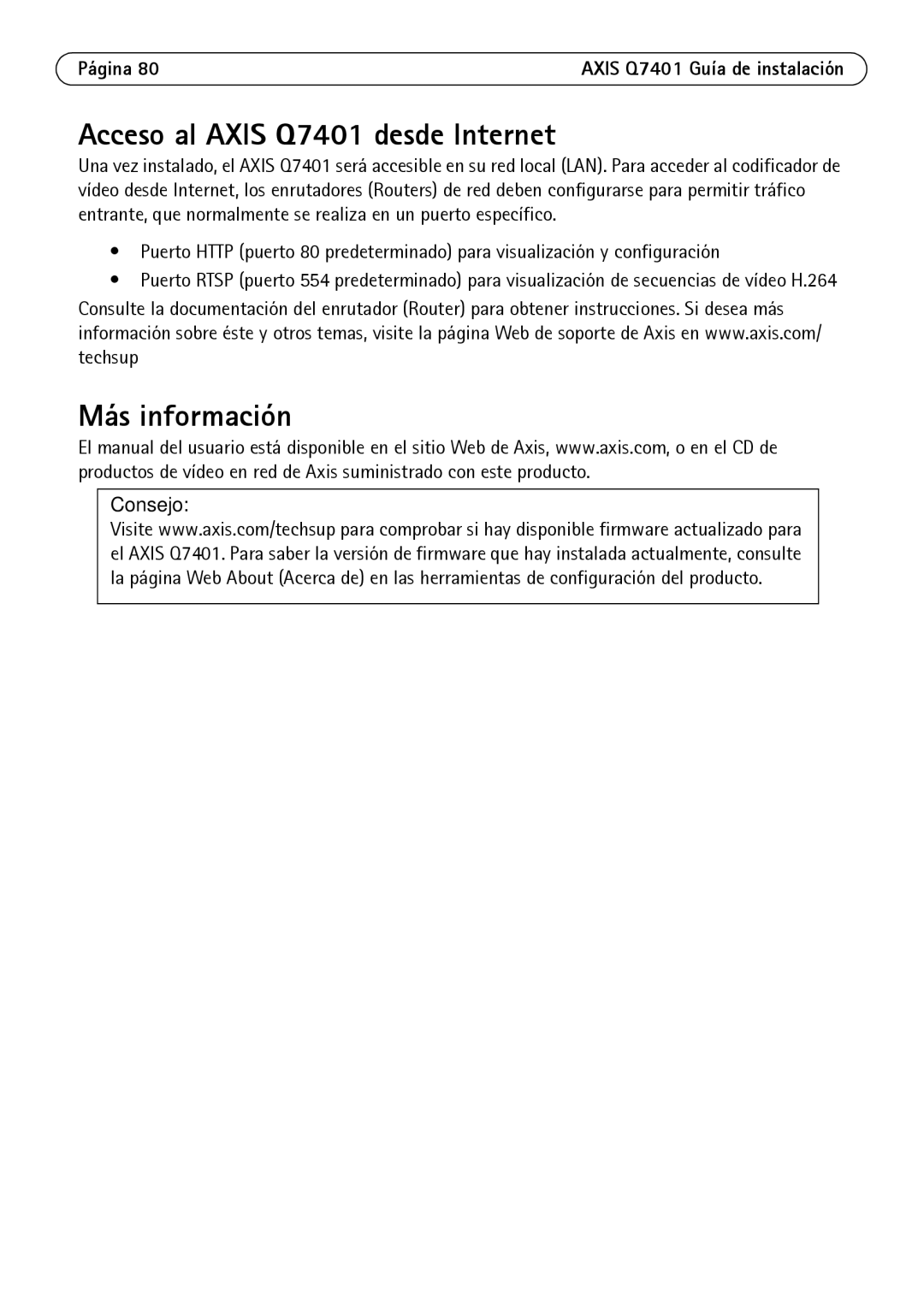 Axis Communications manual Acceso al Axis Q7401 desde Internet, Más información 