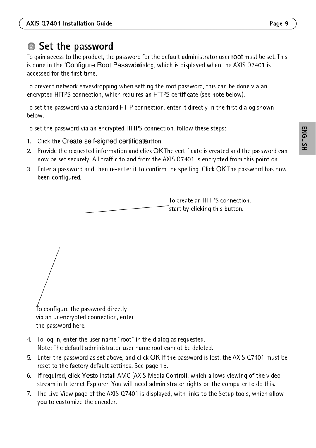 Axis Communications Q7401 manual Set the password, Click the Create self-signed certificate button 