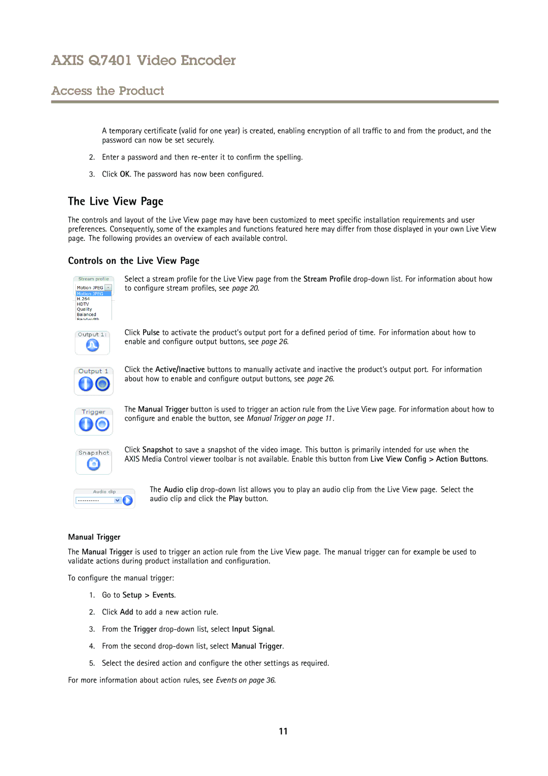 Axis Communications Q7401 user manual Controls on the Live View, Manual Trigger, Go to Setup Events 