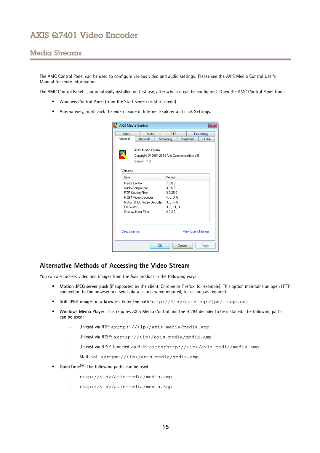 Axis Communications Q7401 Alternative Methods of Accessing the Video Stream, QuickTimeTM. The following paths can be used 