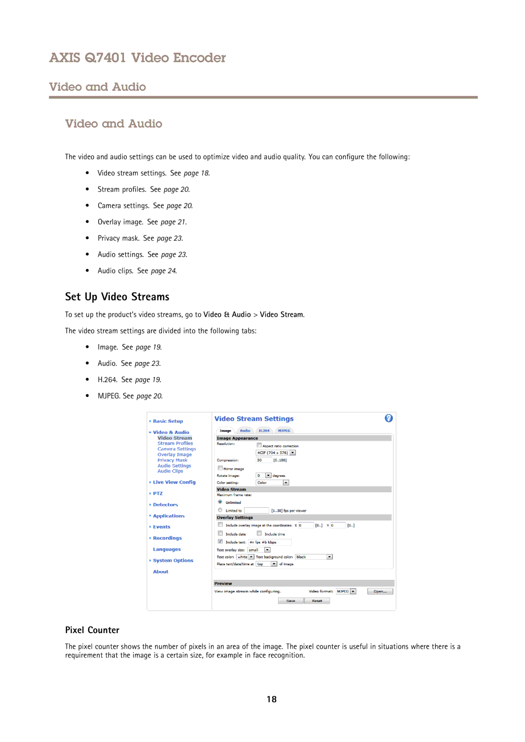 Axis Communications Q7401 user manual Video and Audio, Set Up Video Streams, Pixel Counter 