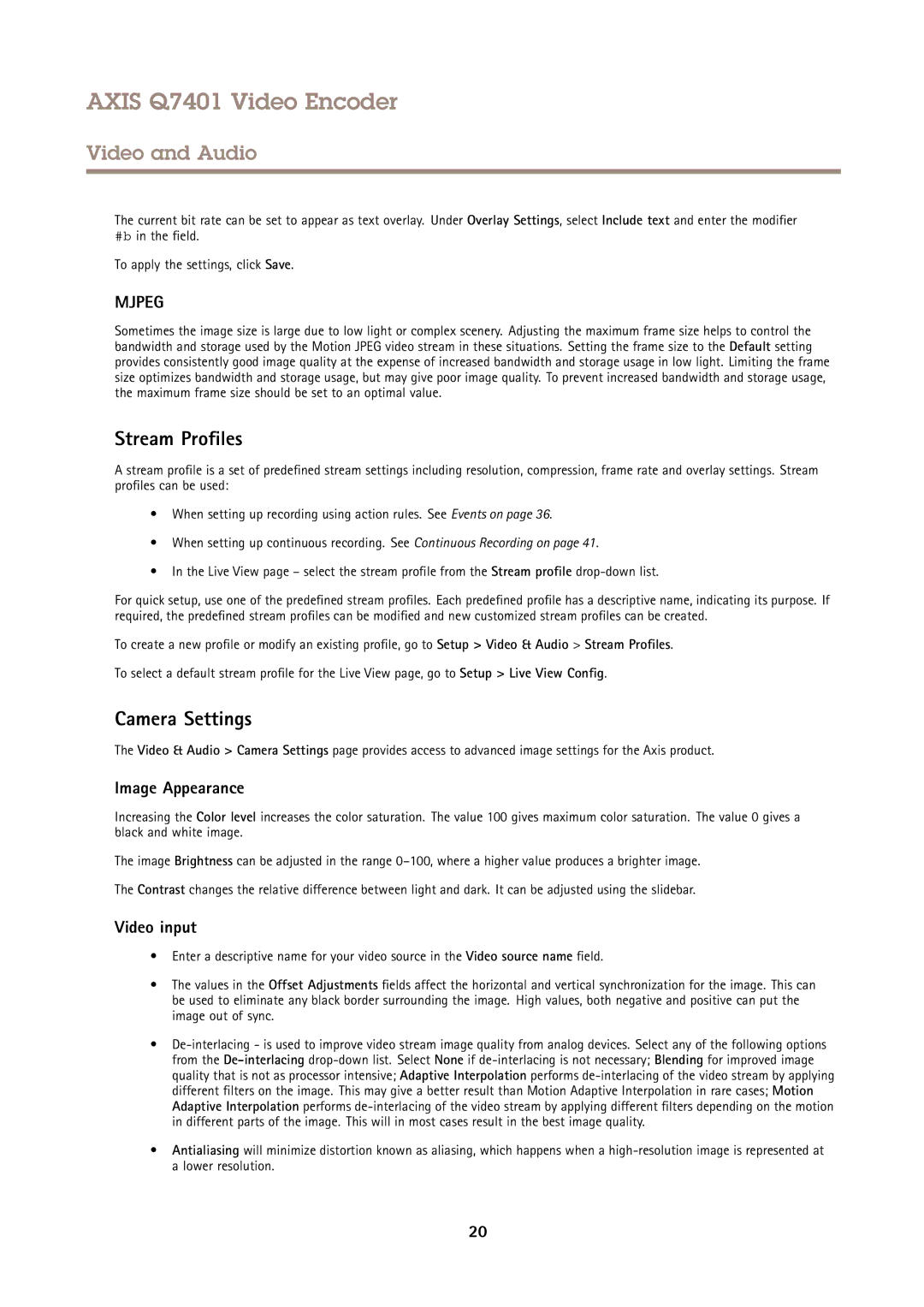 Axis Communications Q7401 user manual Stream Profiles, Camera Settings, Image Appearance, Video input 