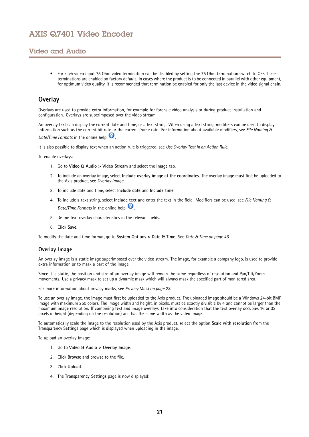 Axis Communications Q7401 user manual Overlay Image, Go to Video & Audio Video Stream and select the Image tab 