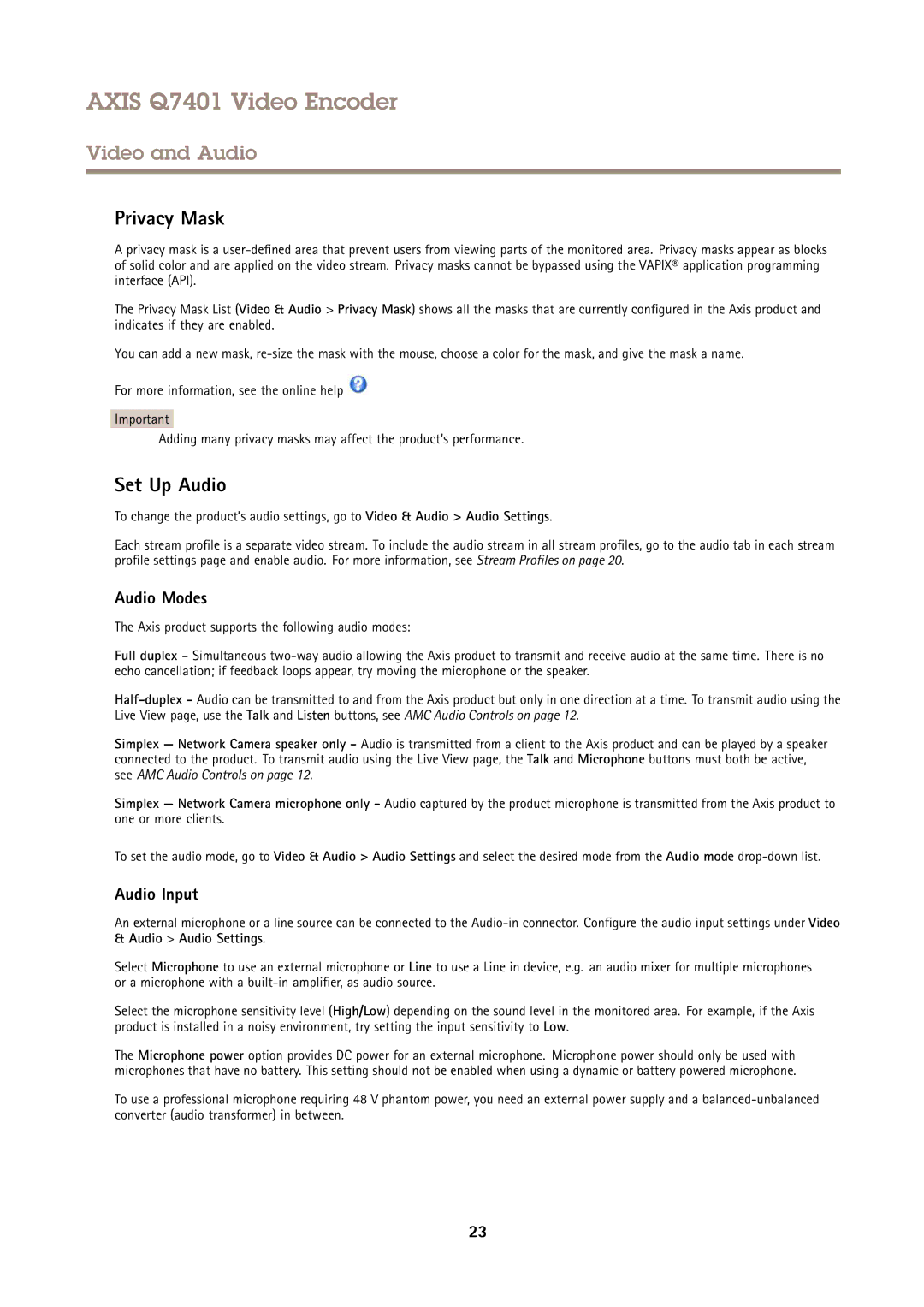 Axis Communications Q7401 user manual Privacy Mask, Set Up Audio, Audio Modes, Audio Input 