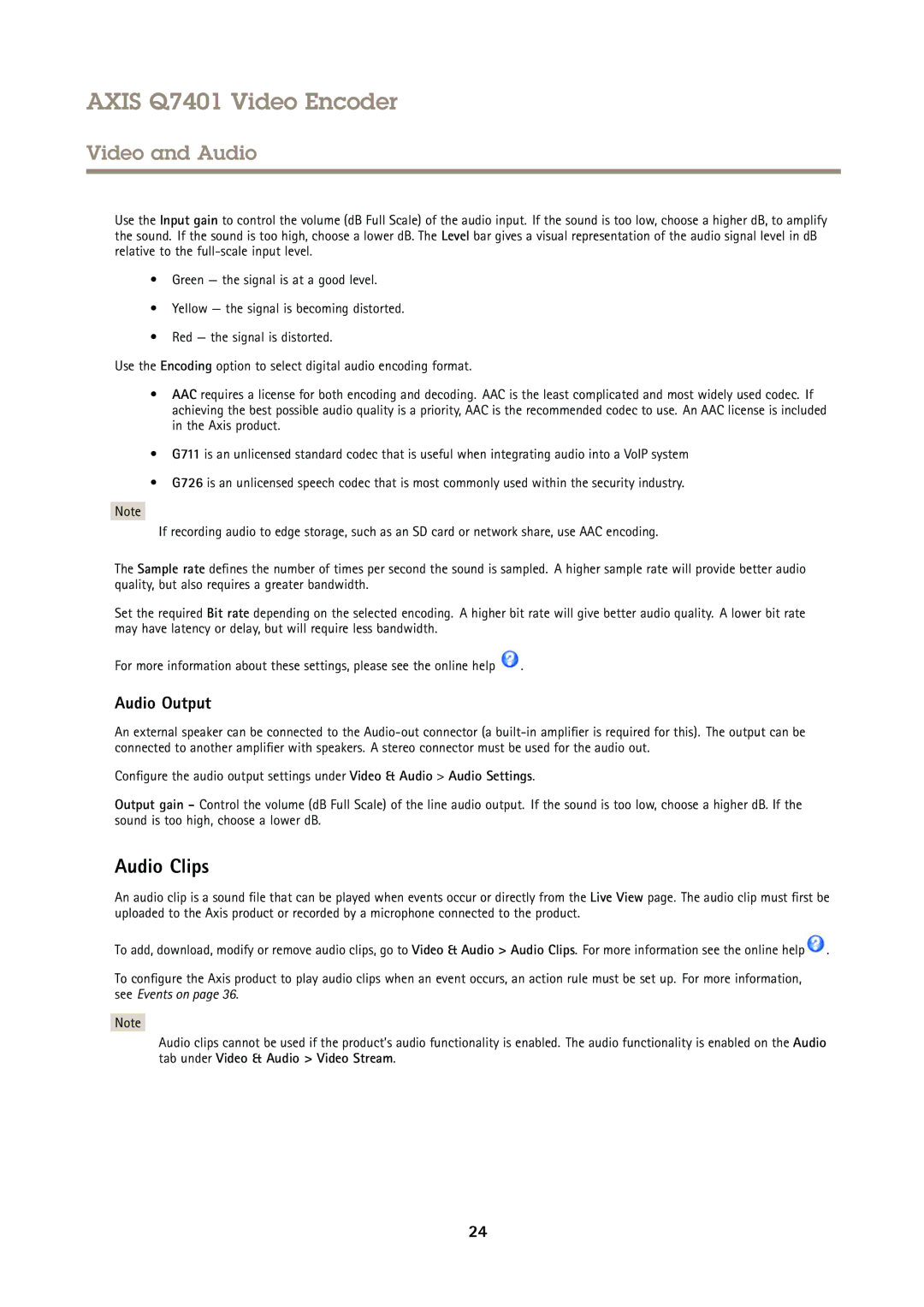 Axis Communications Q7401 user manual Audio Clips, Audio Output 