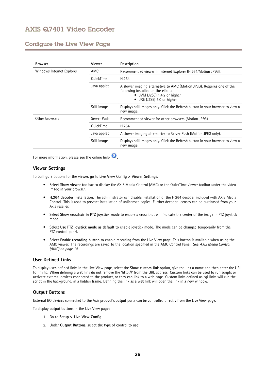 Axis Communications Q7401 user manual Viewer Settings, User Defined Links, Output Buttons, Browser Viewer Description 