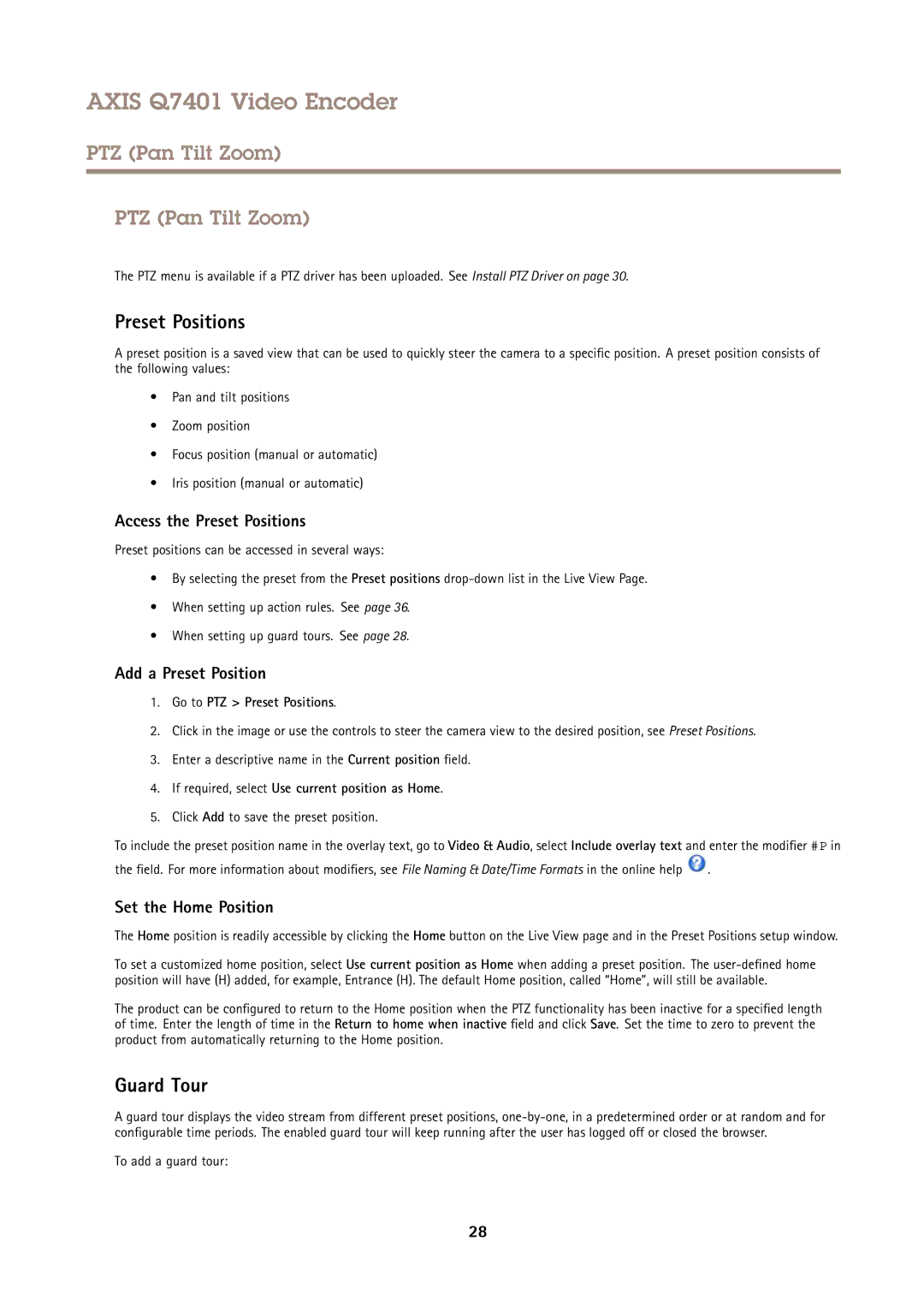 Axis Communications Q7401 user manual PTZ Pan Tilt Zoom, Preset Positions, Guard Tour 