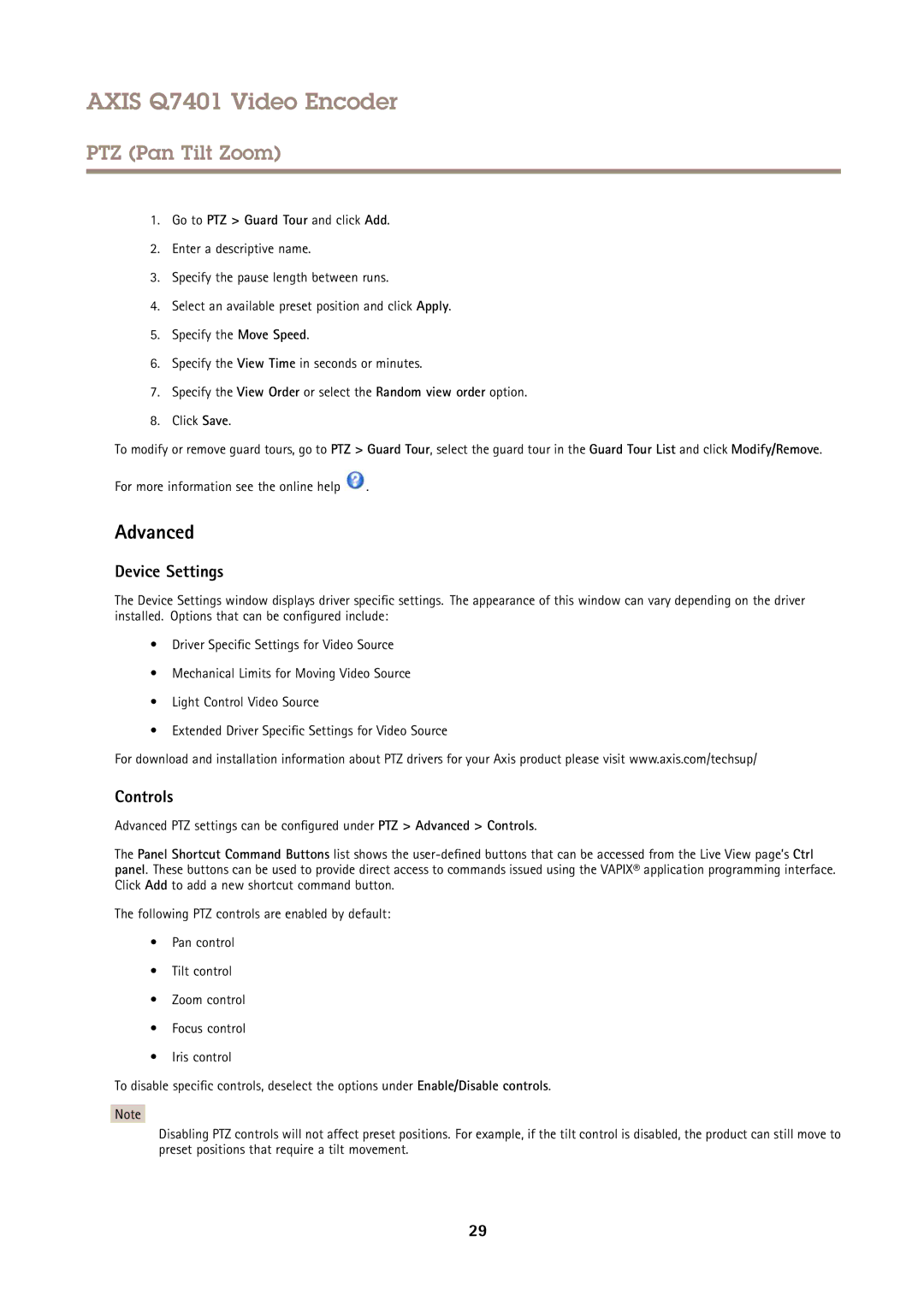 Axis Communications Q7401 user manual Advanced, Device Settings, Controls, Go to PTZ Guard Tour and click Add 