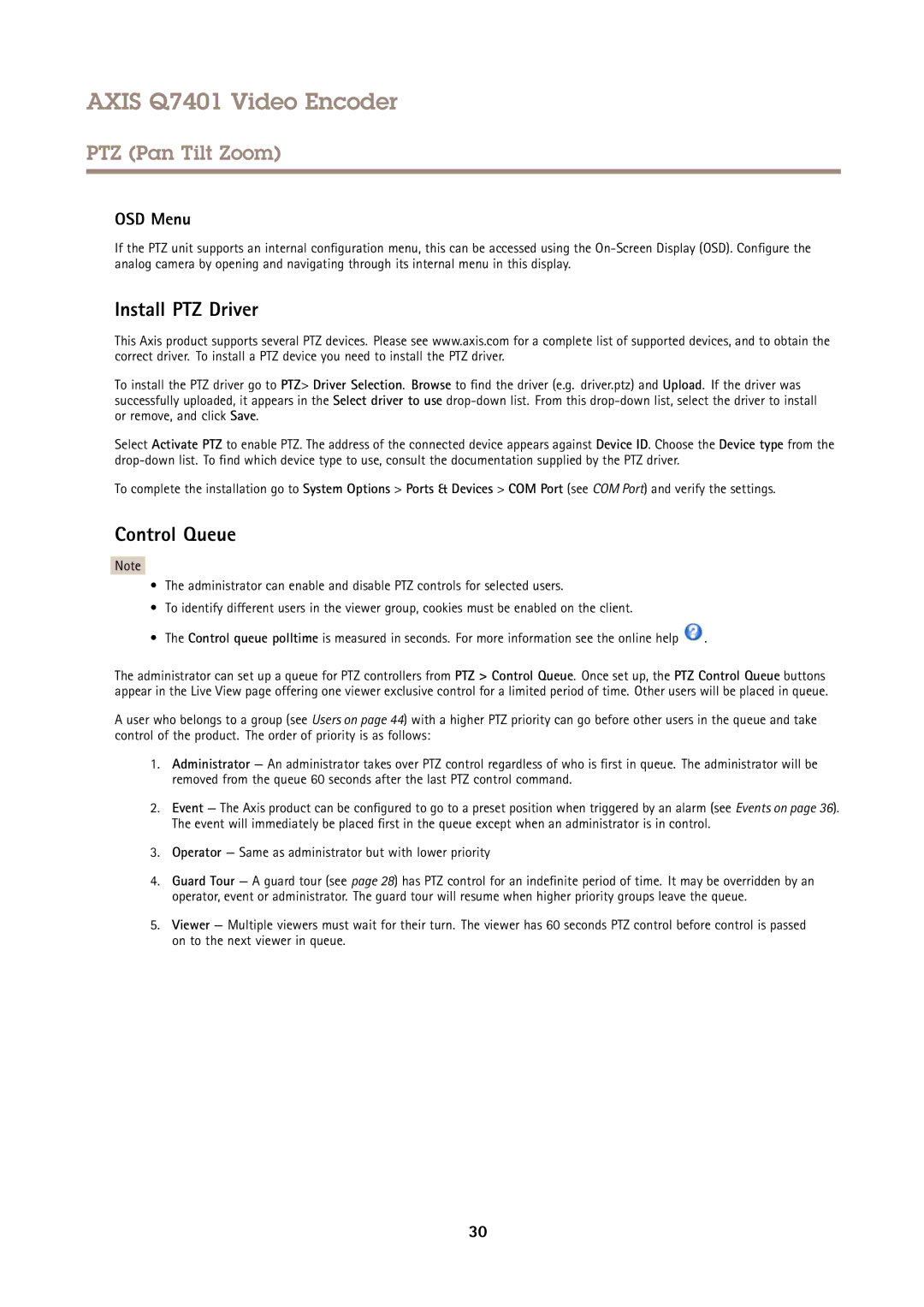 Axis Communications Q7401 user manual Install PTZ Driver, Control Queue, OSD Menu 