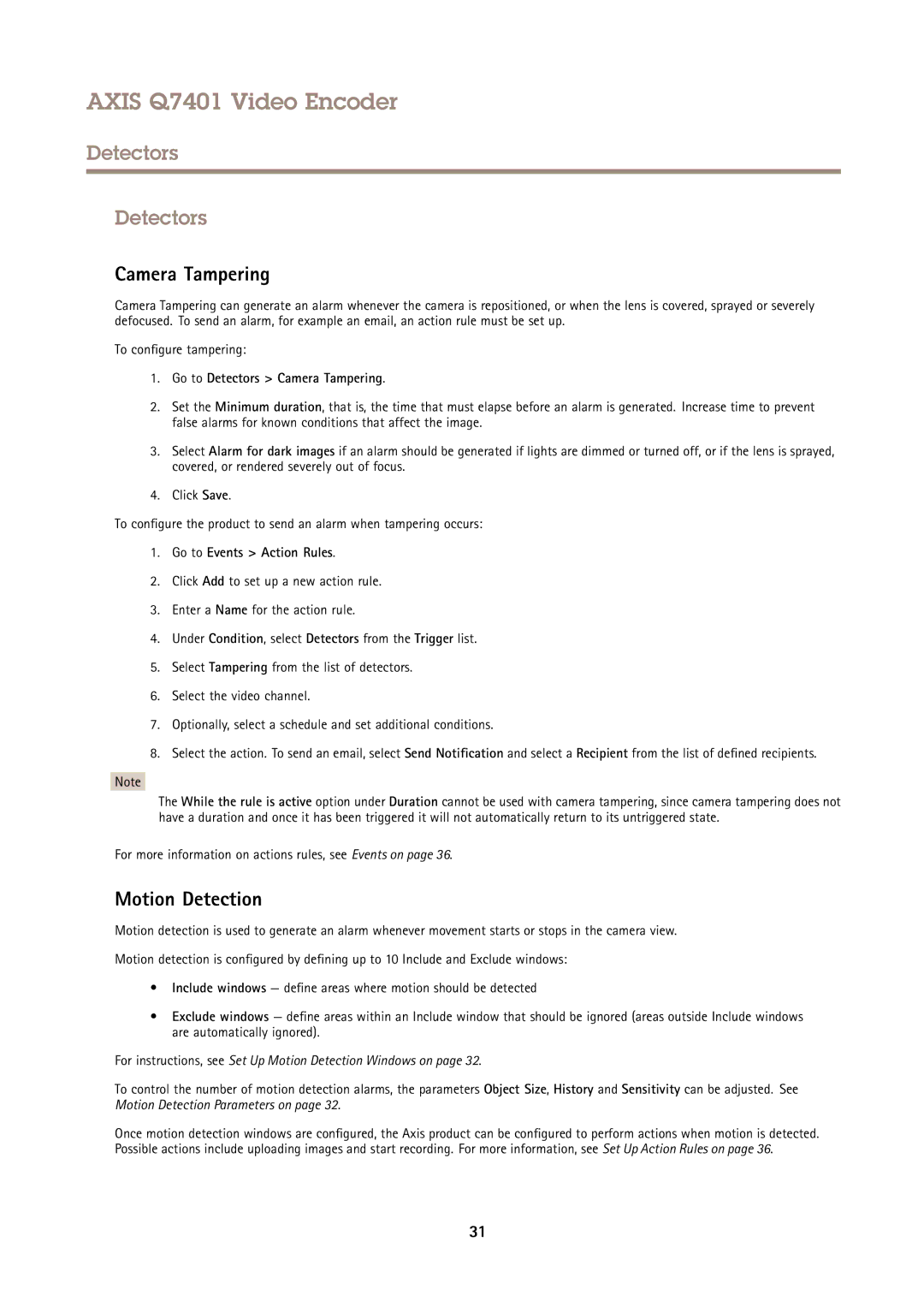 Axis Communications Q7401 user manual Motion Detection, Go to Detectors Camera Tampering 