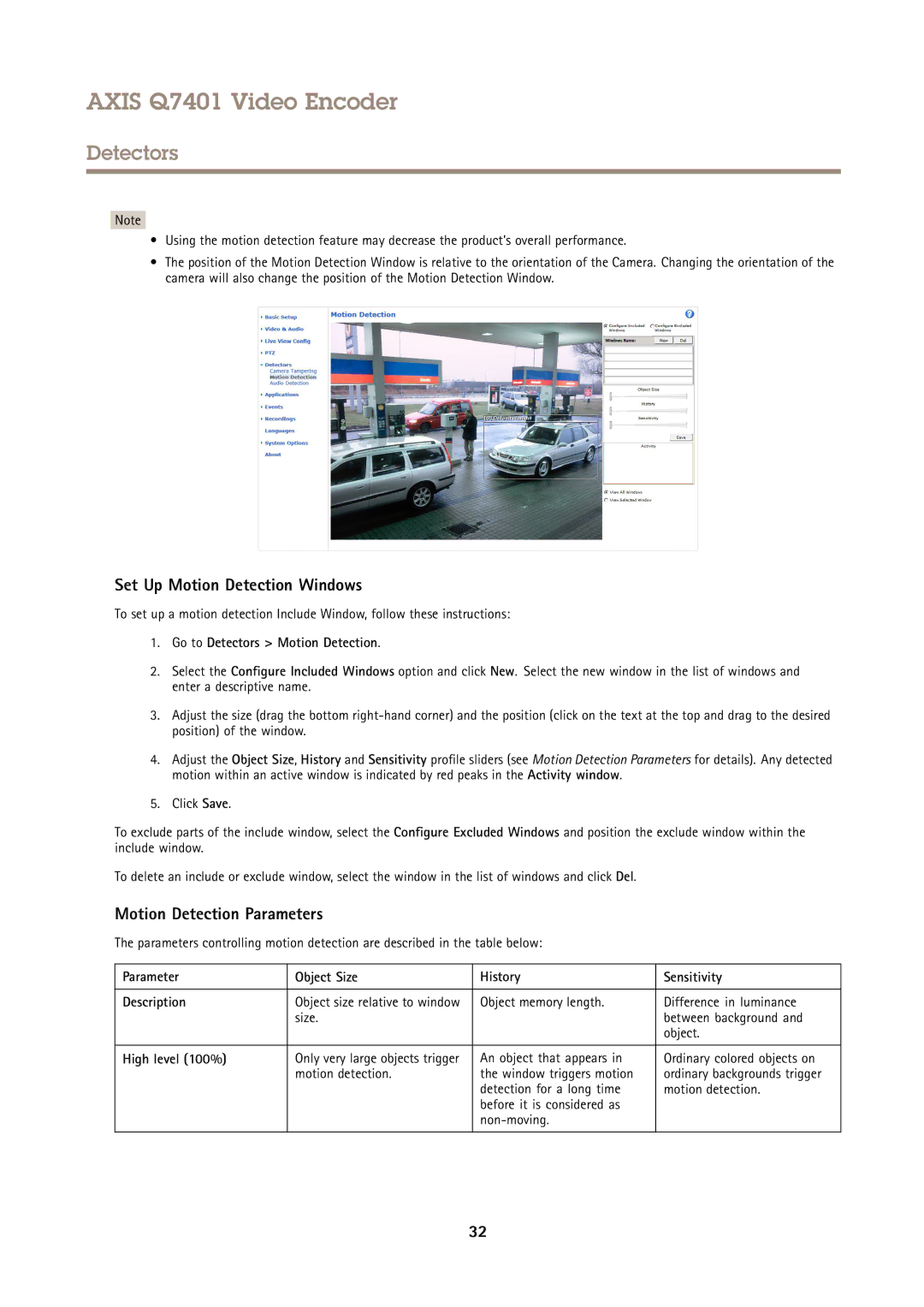 Axis Communications Q7401 Set Up Motion Detection Windows, Motion Detection Parameters, Go to Detectors Motion Detection 