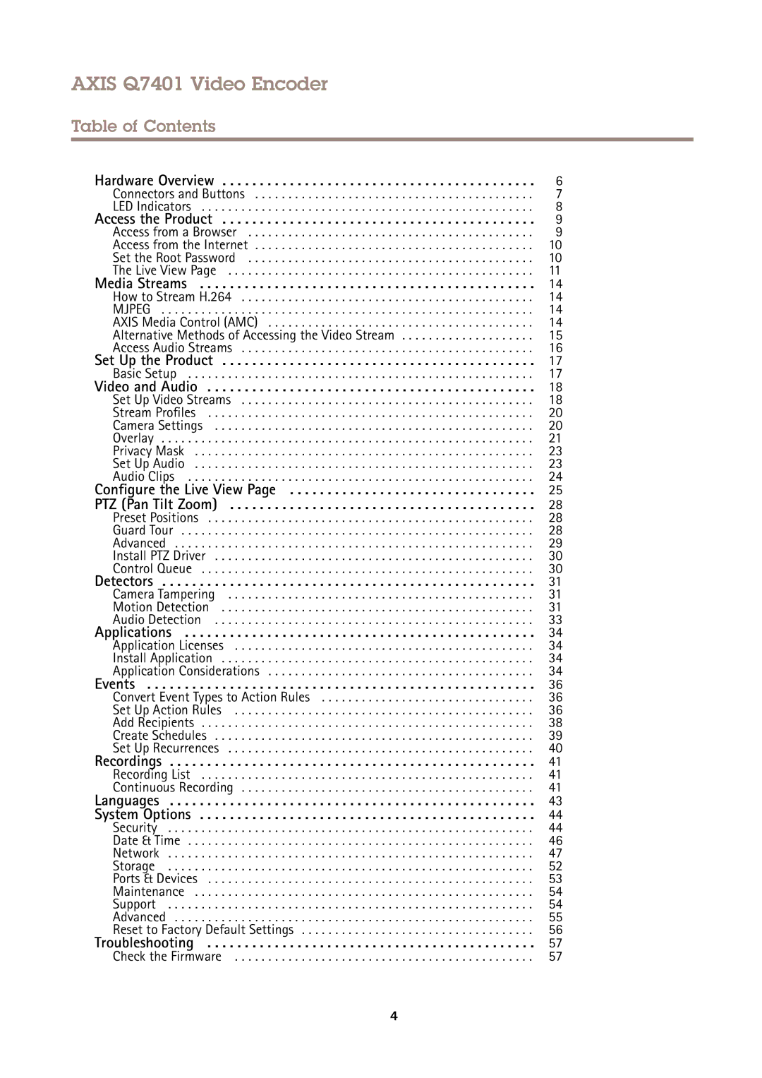 Axis Communications user manual Axis Q7401 Video Encoder, Table of Contents 