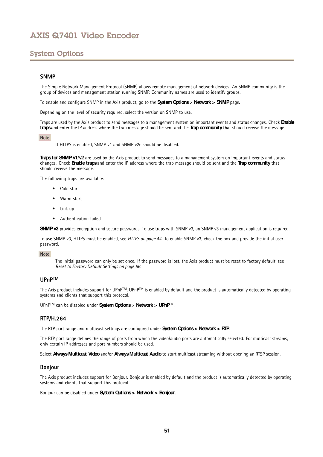 Axis Communications Q7401 user manual RTP/H.264, Bonjour, UPnPTM can be disabled under System Options Network UPnPTM 