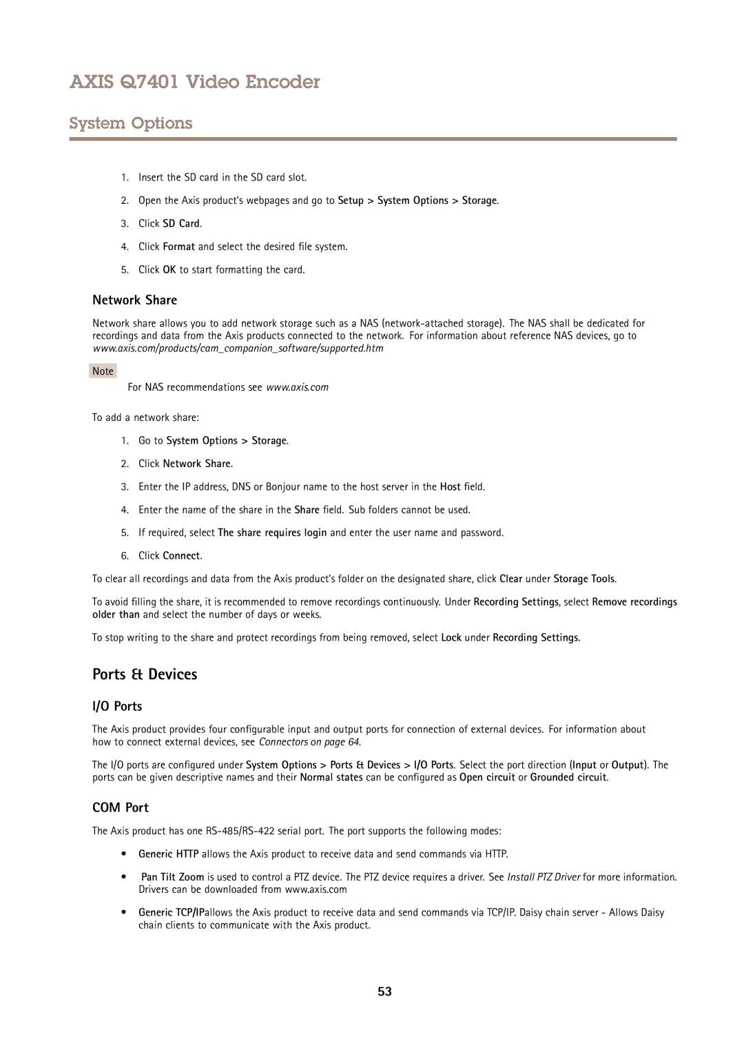 Axis Communications Q7401 user manual Ports & Devices, COM Port, Go to System Options Storage Click Network Share 
