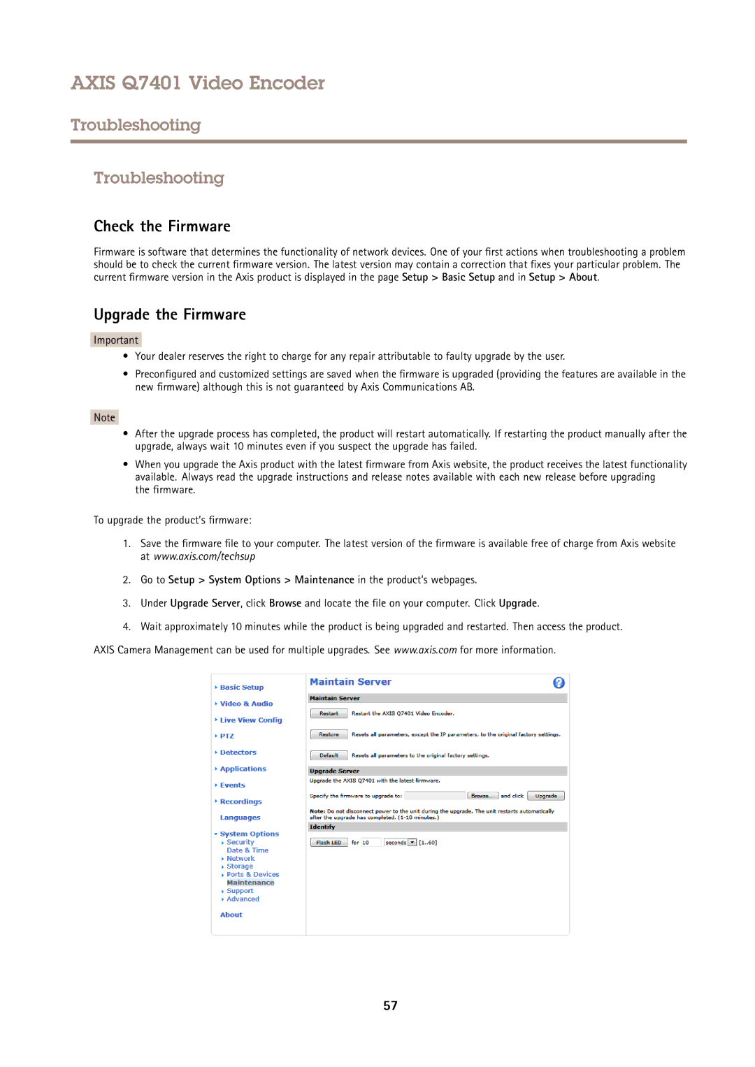 Axis Communications Q7401 user manual Troubleshooting, Check the Firmware, Upgrade the Firmware 