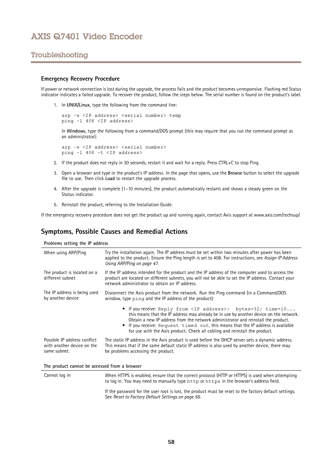 Axis Communications Q7401 user manual Symptoms, Possible Causes and Remedial Actions, Emergency Recovery Procedure 