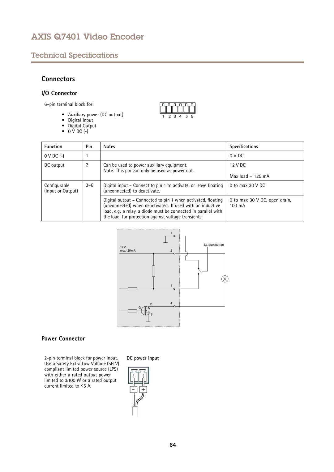 Axis Communications Q7401 user manual Connectors, Function Pin Specifications 