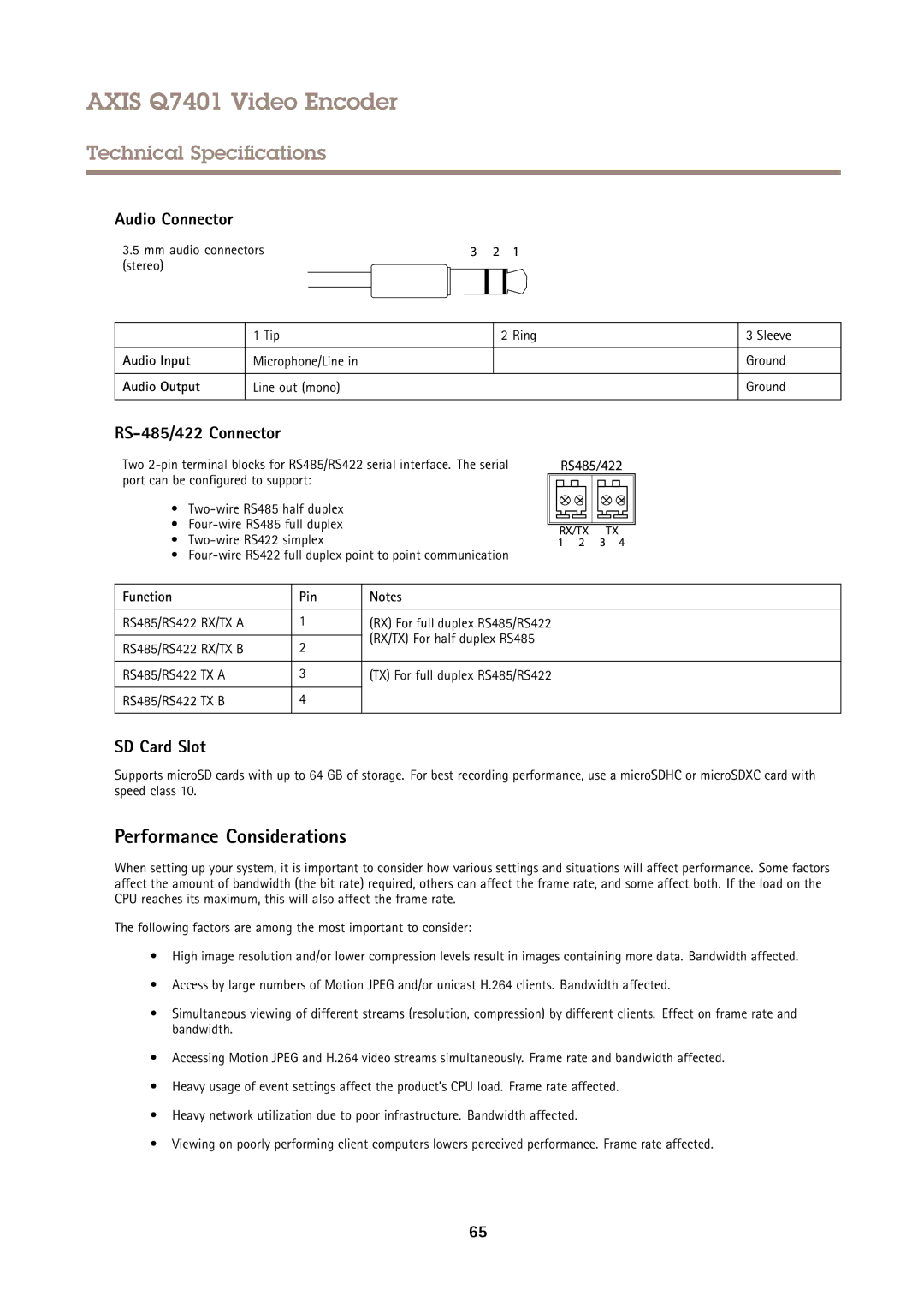 Axis Communications Q7401 Performance Considerations, RS-485/422 Connector, Audio Input, Audio Output, Function Pin 