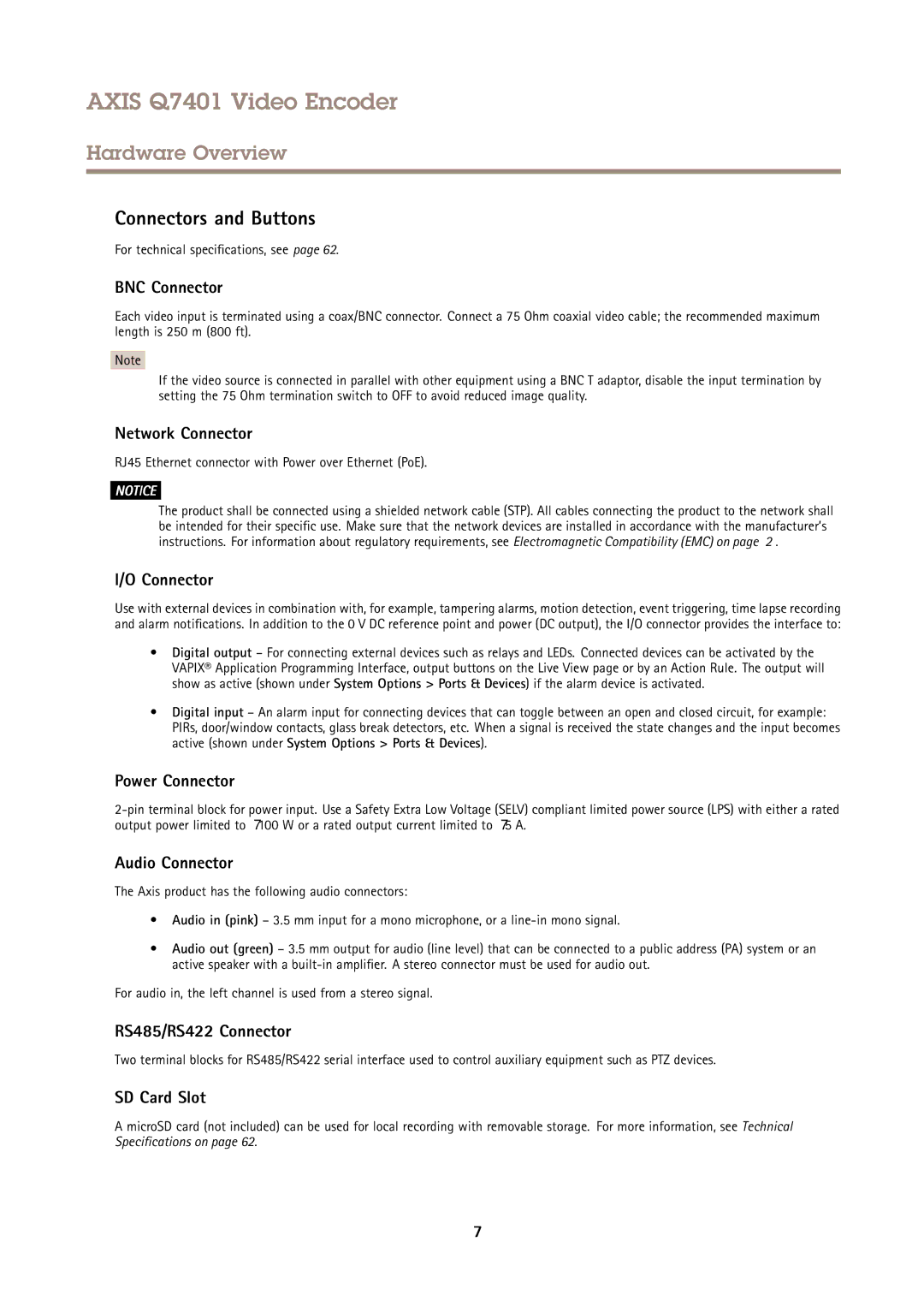 Axis Communications Q7401 user manual Connectors and Buttons 