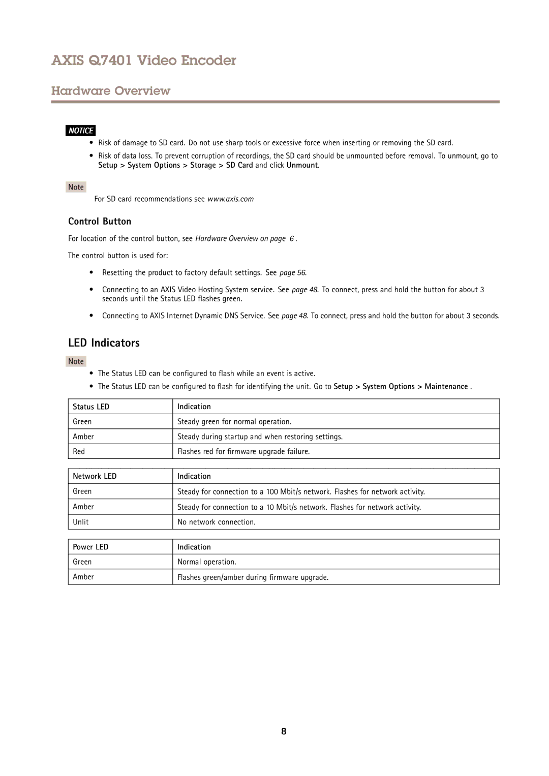 Axis Communications Q7401 user manual LED Indicators, Control Button, Status LED Indication, Network LED Indication 