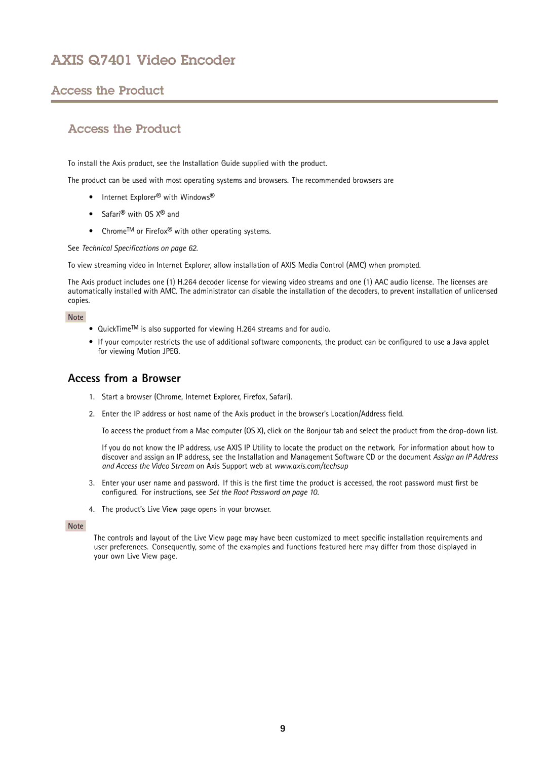 Axis Communications Q7401 user manual Access the Product, Access from a Browser 